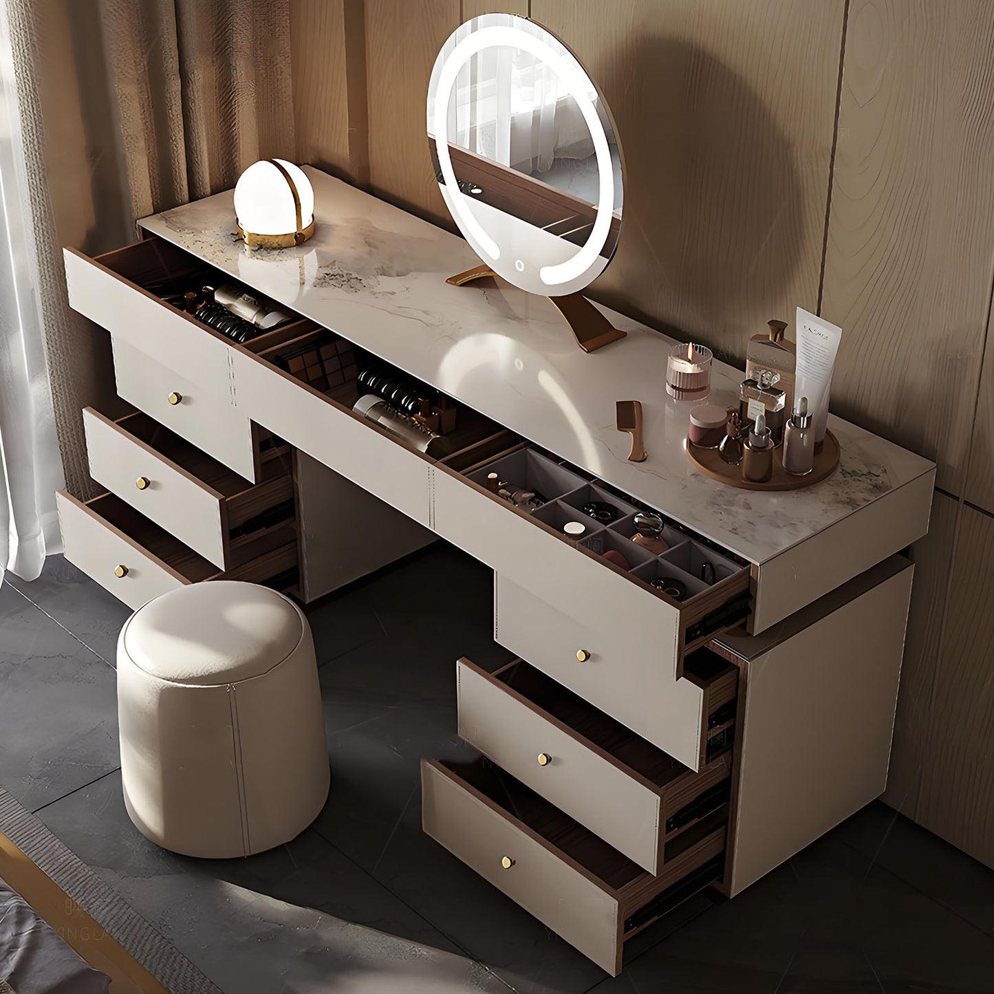 55-71'' Leather Makeup Vanity with 2 Cabinets and Smart LED Mirror & Stool,Rock Slab Top