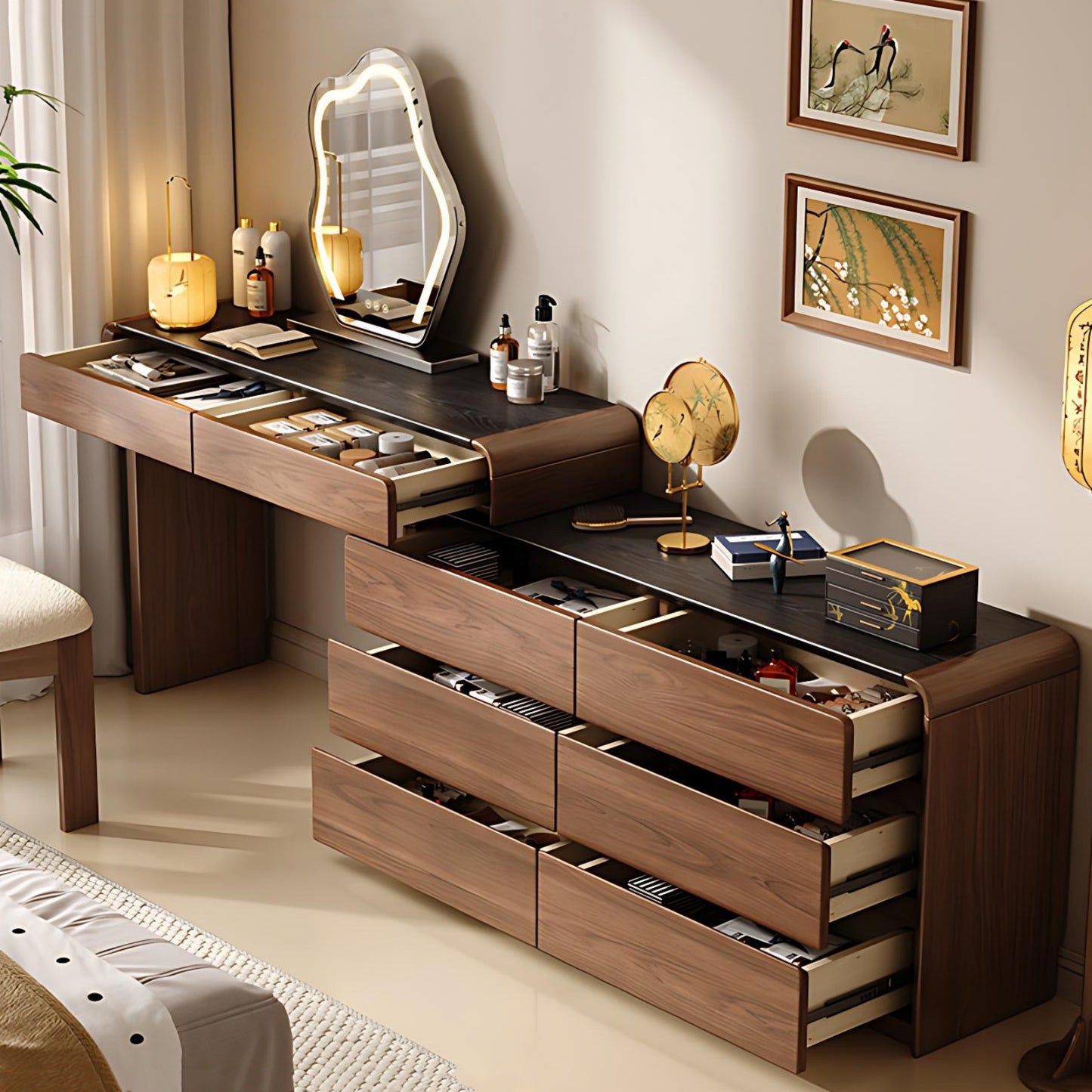 39''-47'' Makeup Vanity with Black Countertop and Smart LED Light Mirror & Stool,Walnut