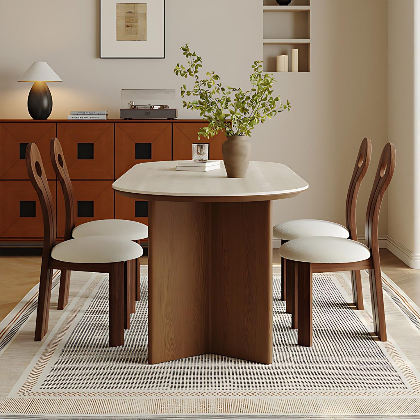 55''-71'' Oval Dining Table with 4 Chairs & Sintered Stone Top,Solid Wood,Walnut Veneer