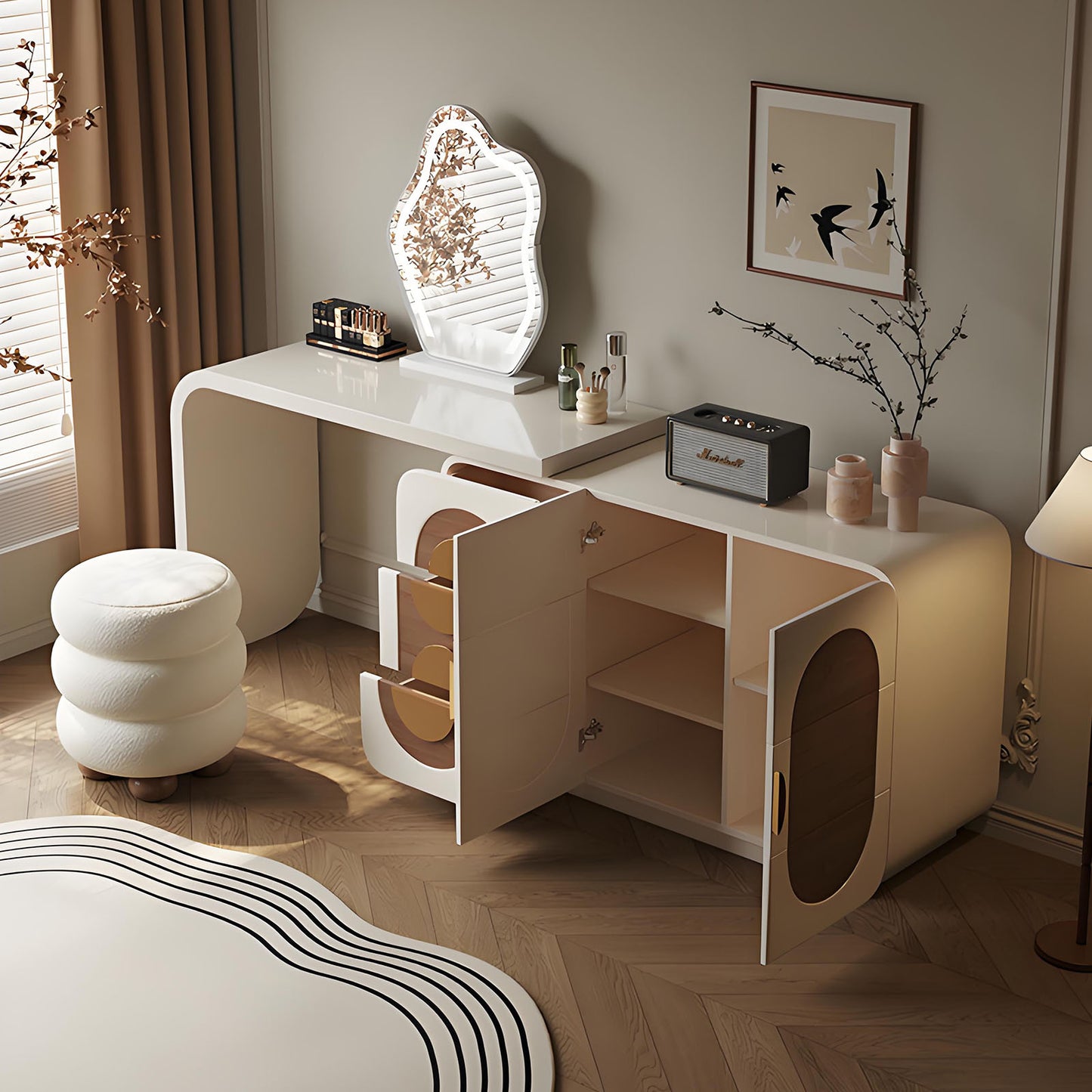 47'' Makeup Vanity with Walnut Veneer and Smart LED Light Mirror & Stool for Bedroom
