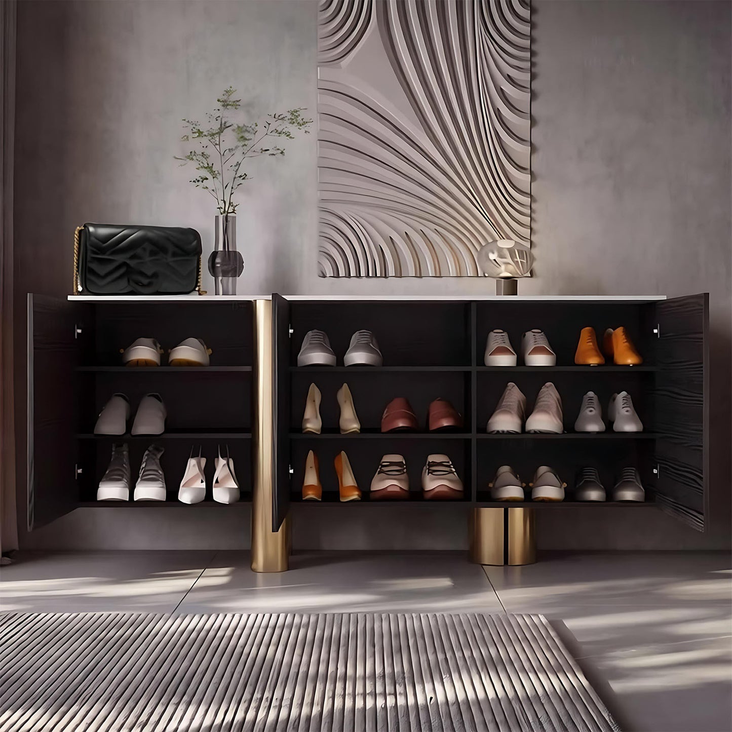 47''-71'' Leather Shoe Cabinet with Rock Slab Top and Stainless Steel Base,Solid Wood