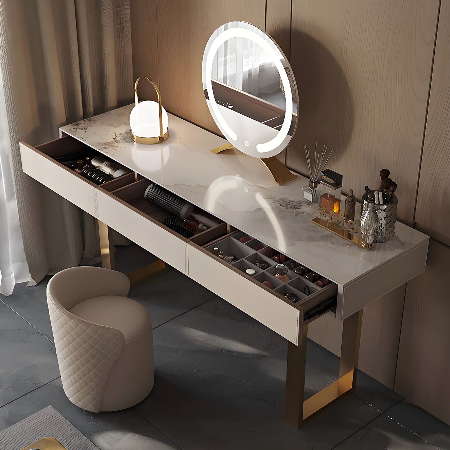 55''-71'' Leather Vanity Desk with Rock Slab Top and Smart LED Mirror & Stool,Solid Wood