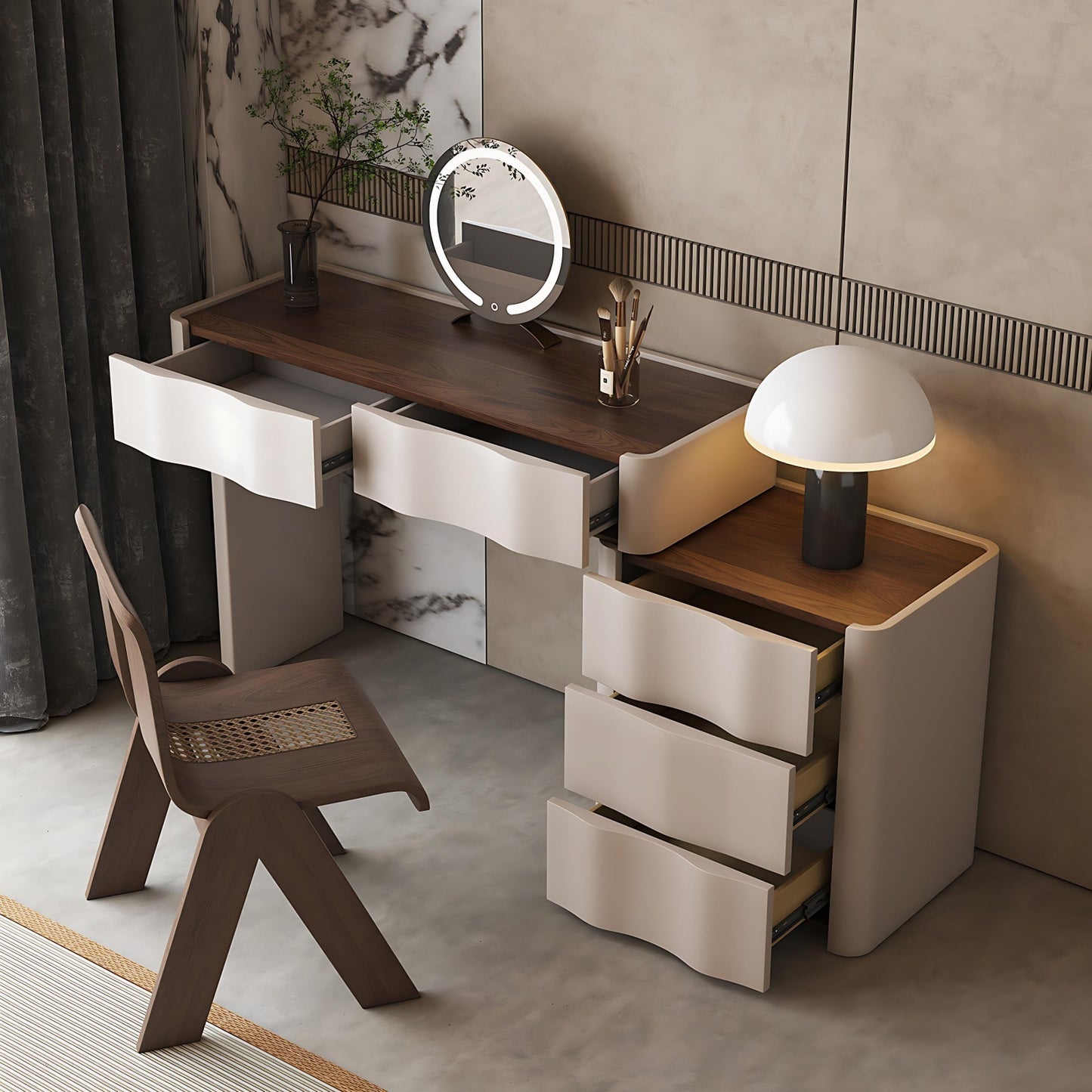 32''-47''Wave Shaped Makeup Vanity with Stool and Smart LED Light Mirror,Walnut Veneer Top