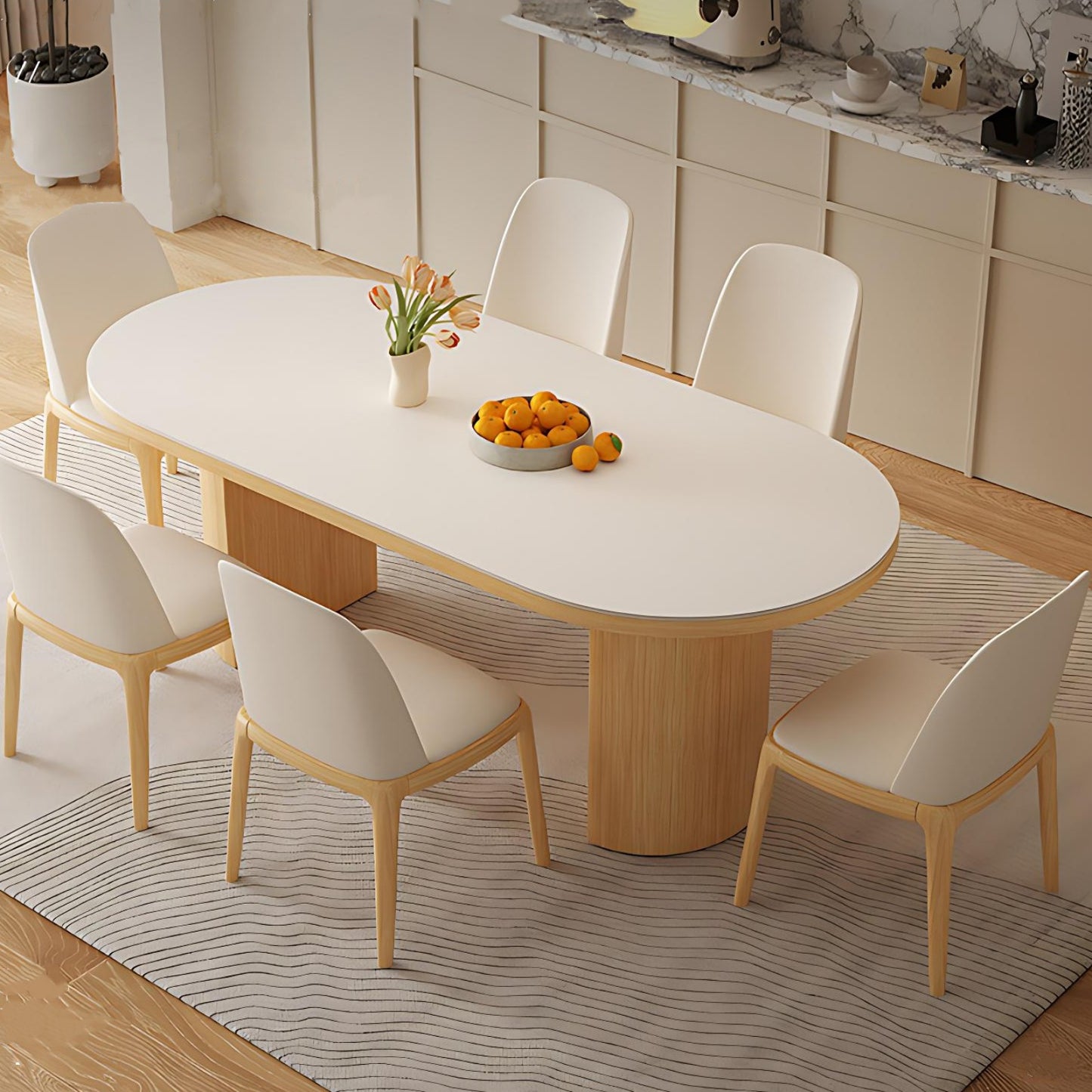 55''-79''Oval Dining Table with 4 Chairs & Rock Slab Top,Solid Wood Legs for 6-8 peoples