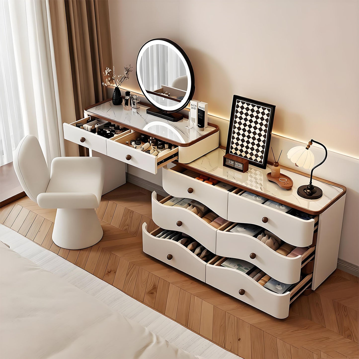 32''-47''Makeup Vanity with Wavy Design and Rock Slab Top,Smart LED Light Mirror & Stool