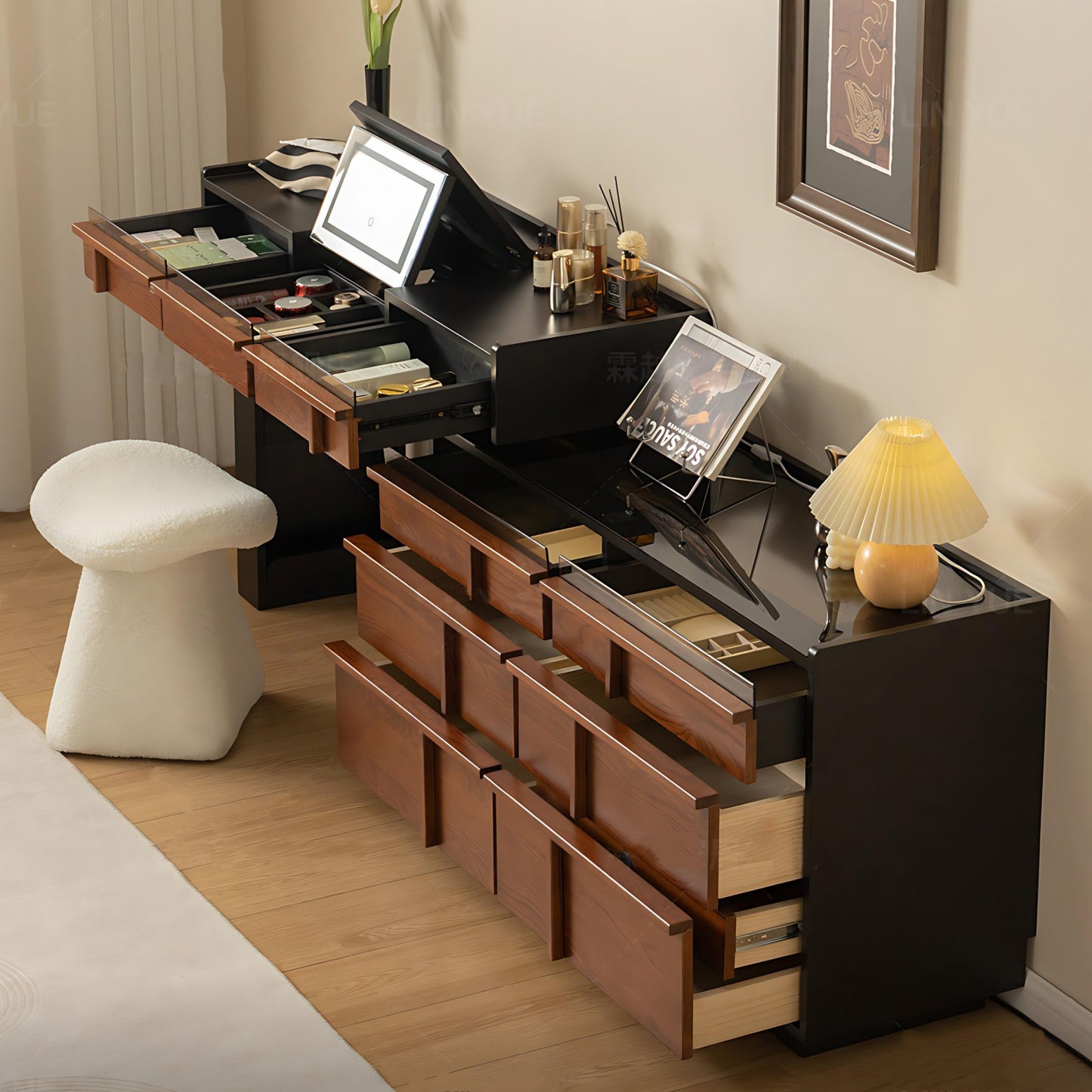 47'' Vanity Set with Mirror and Tempered Glass Top & LED Ambient Light,Stool,Mid Century