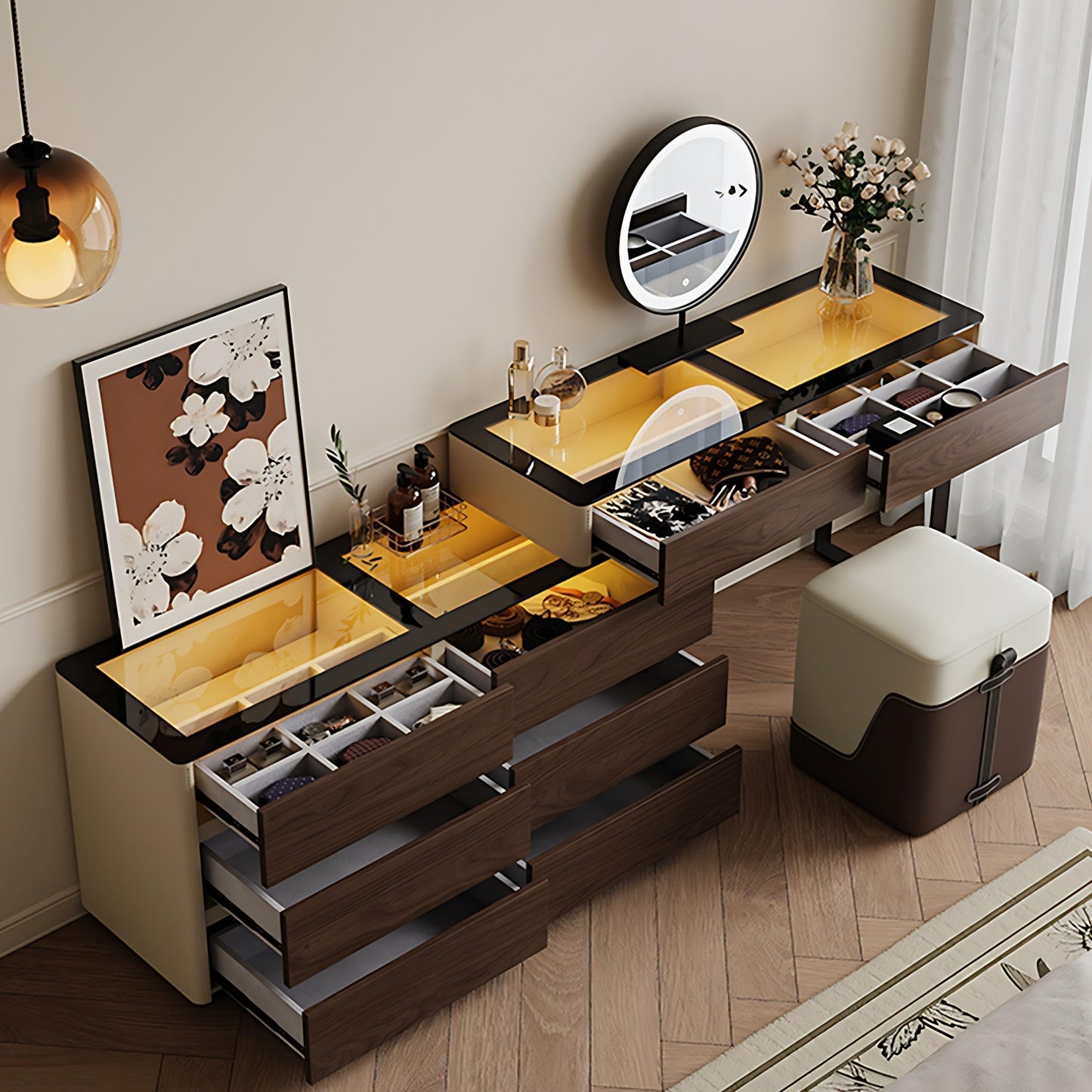 47'' Makeup Vanity with Tempered Glass Top and LED Ambient Lights,Mirror & Stool,Leather