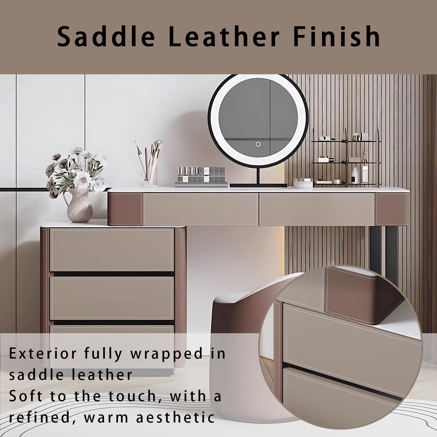 32''-47'' Makeup Vanity with Rock Slab Top and Smart LED Lights Mirror & Stool,Leather