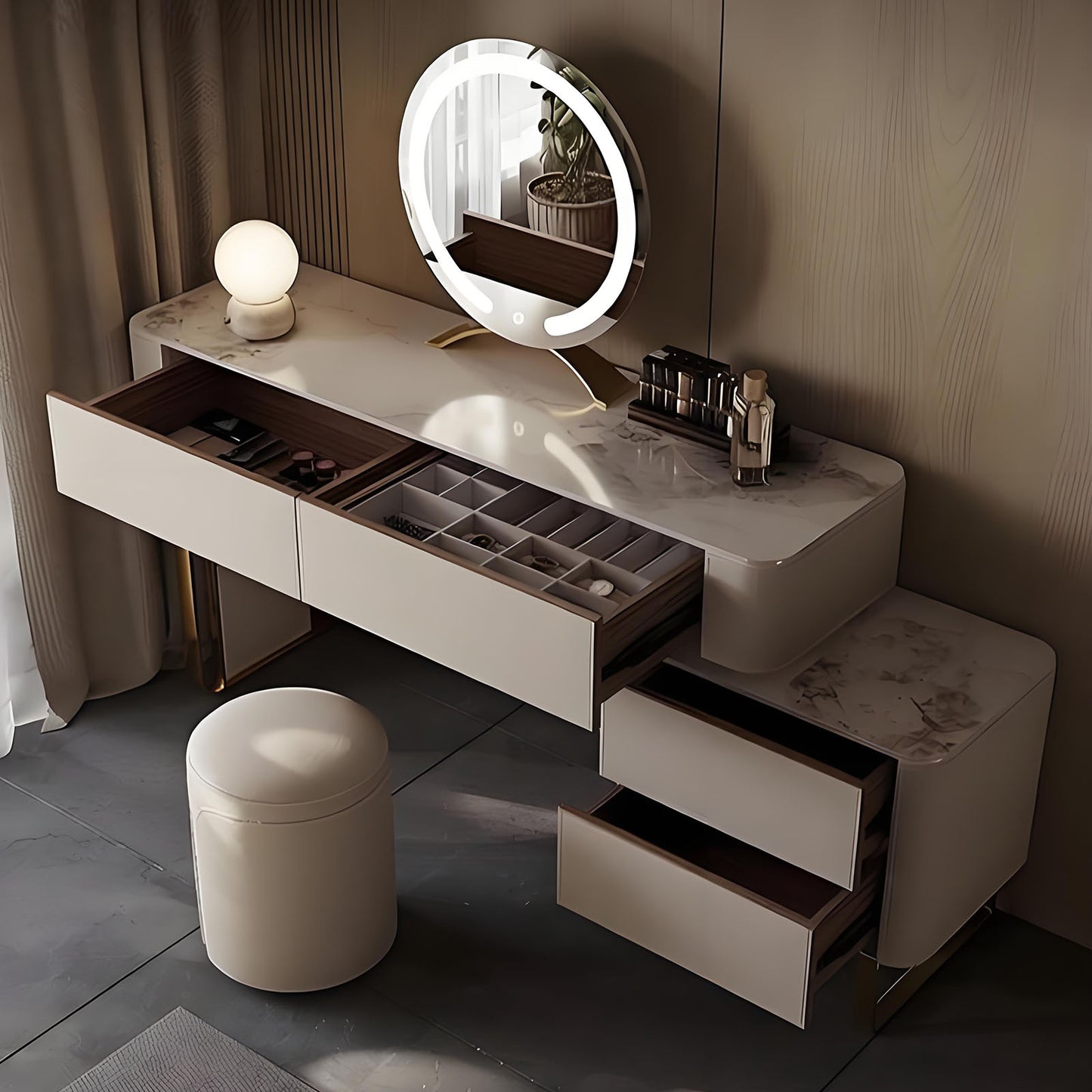 47''-63'' Makeup Vanity with Smart LED Light Mirror and Stool & Rock Slab Top,Leather
