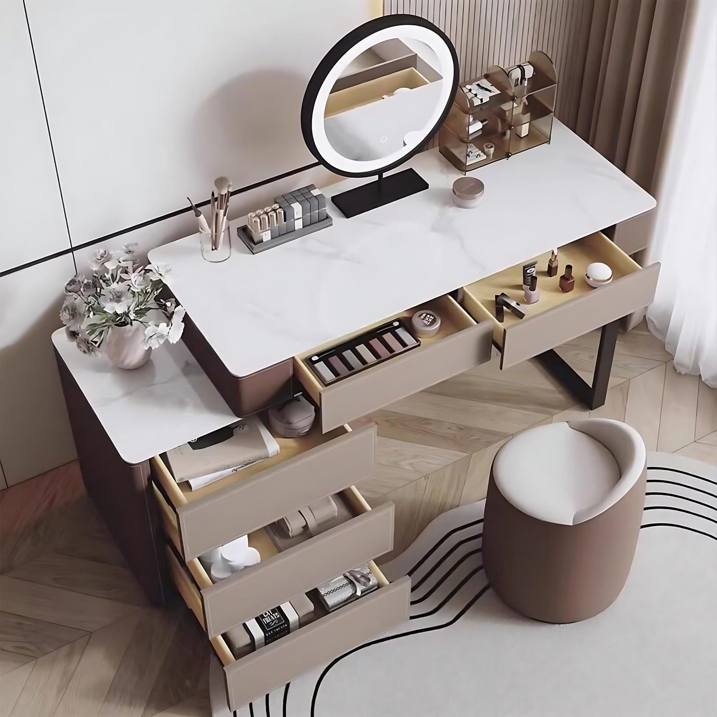 32''-47'' Makeup Vanity with Rock Slab Top and Smart LED Lights Mirror & Stool,Leather