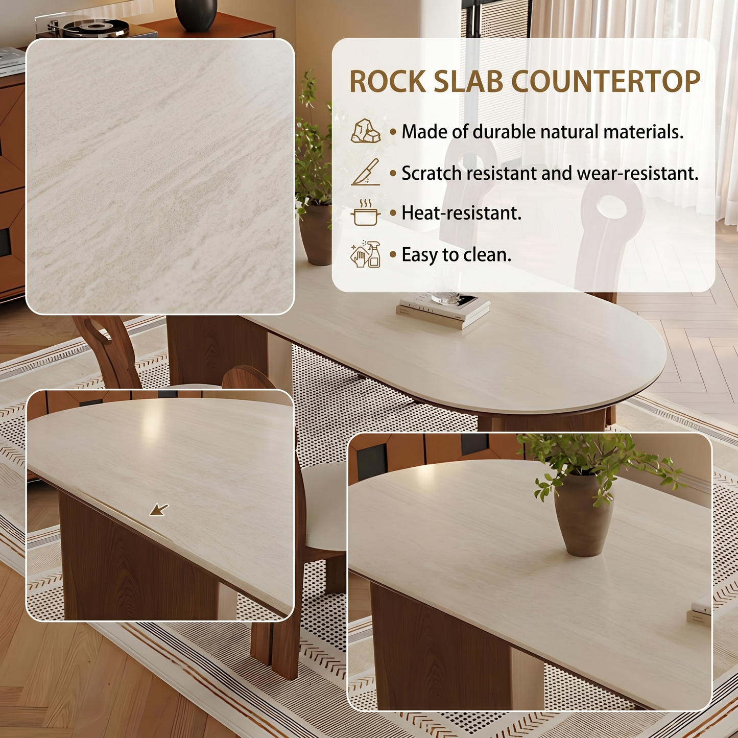55''-71'' Oval Dining Table with 4 Chairs & Sintered Stone Top,Solid Wood,Walnut Veneer