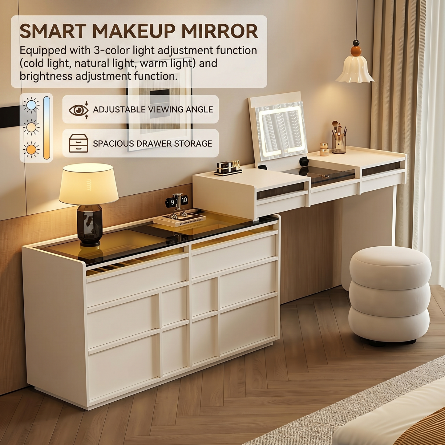 47''Makeup Vanity with Flip Smart Mirror and Stool,Tempered Glass Top & LED Ambient Light