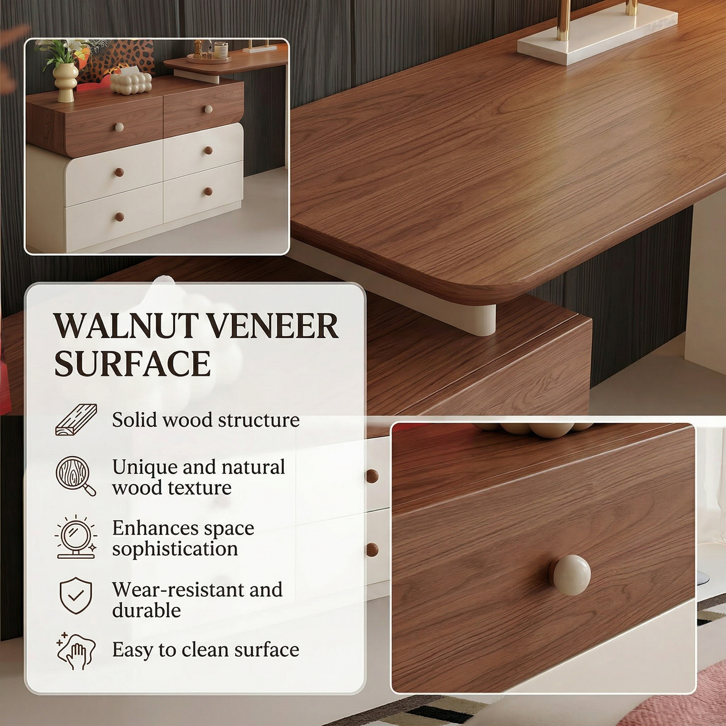 47'' Vanity Set with Walnut Veneer Top and Stool & Smart LED Lights Mirror for Bedroom