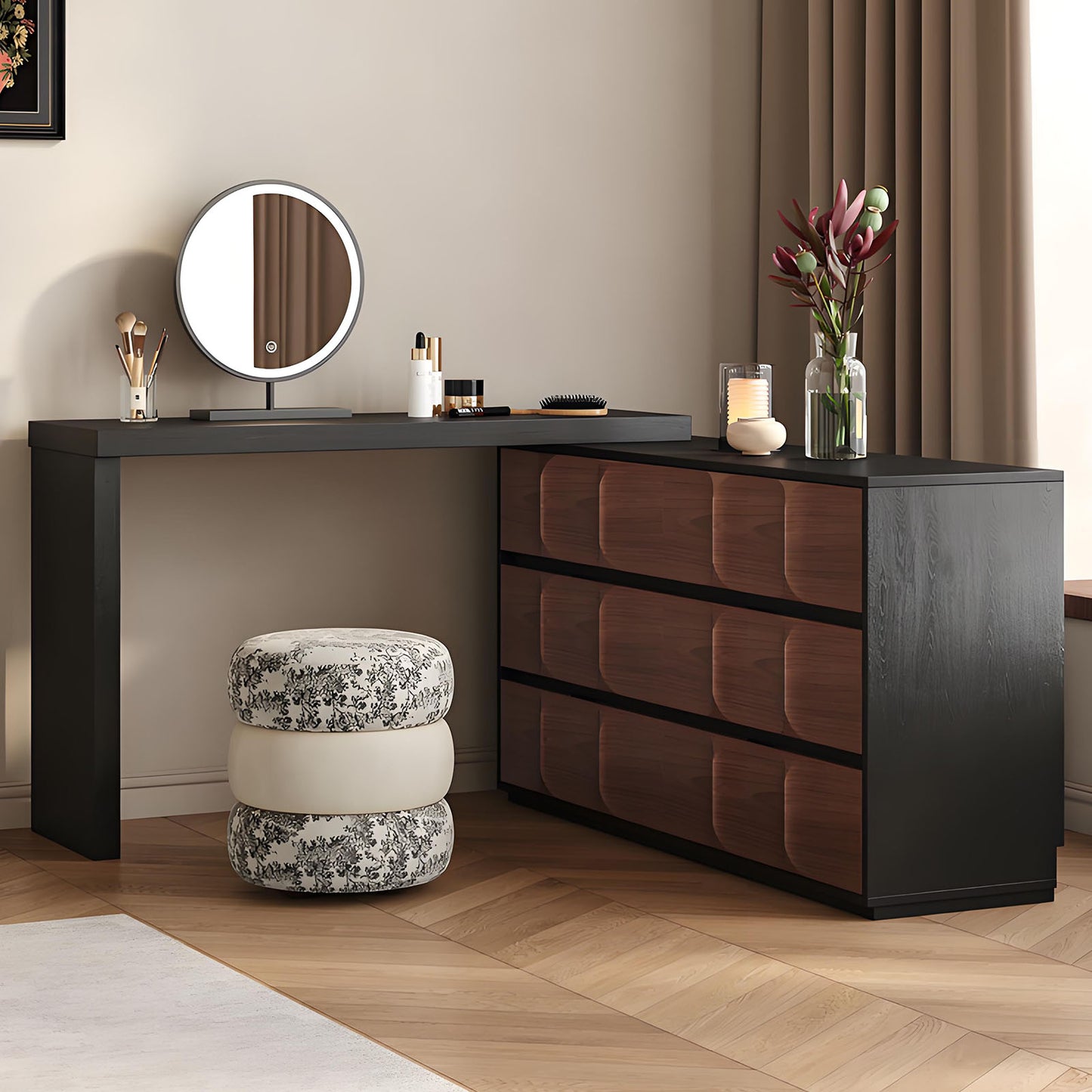 47'' Makeup Vanity with Walnut Veneer & Smart LED Mirror and Stool for Bedroom,Retro