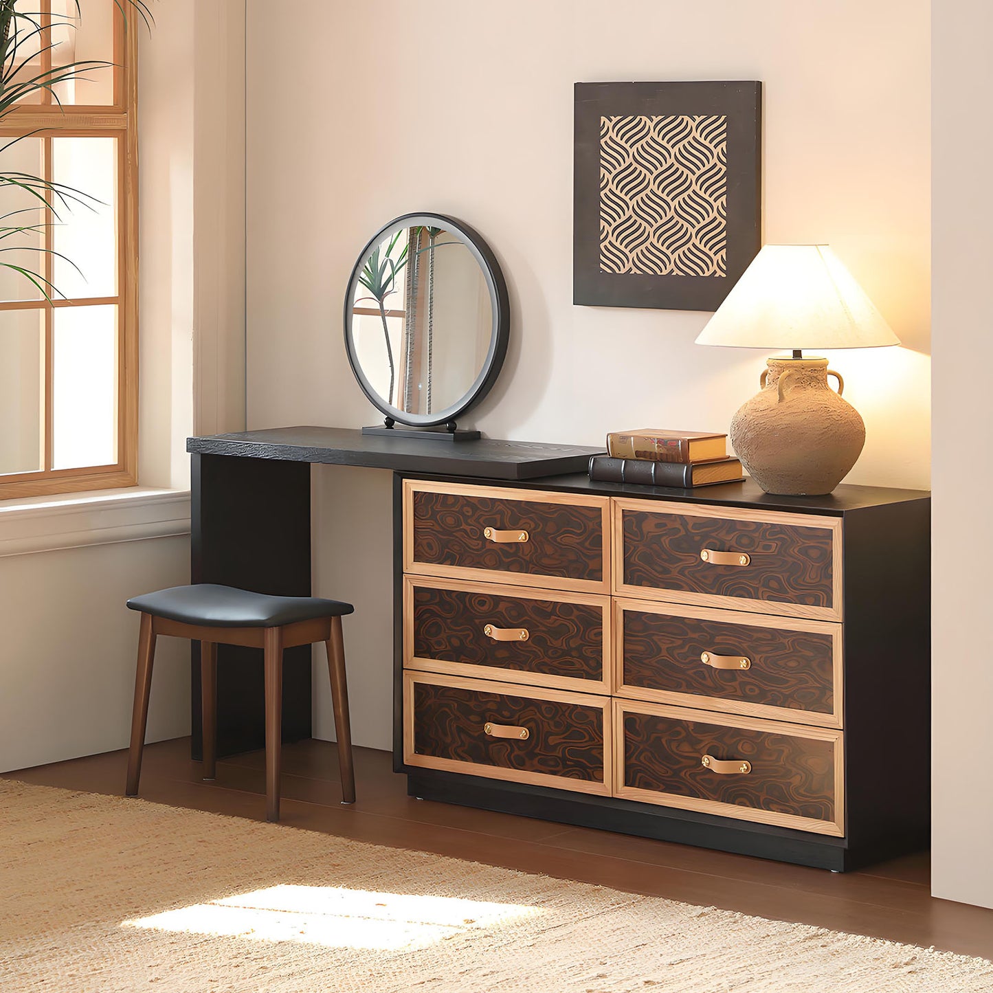 47''Mid Century Vanity Desk with Smart LED Lights Mirror and Stool,Retro