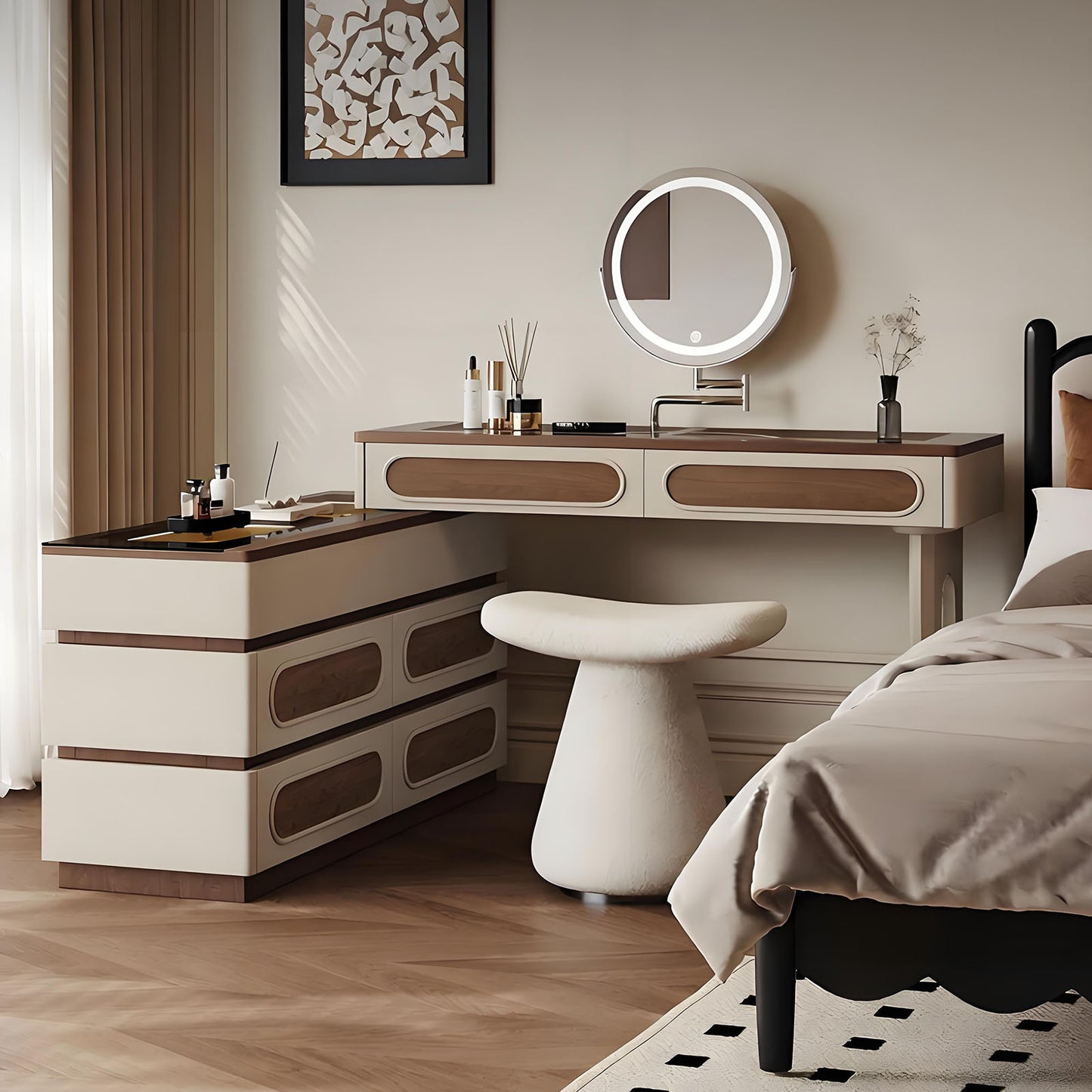 39''-47'' Vanity Set with Tempered Glass Top and LED Ambient Light & Mirror,Stool
