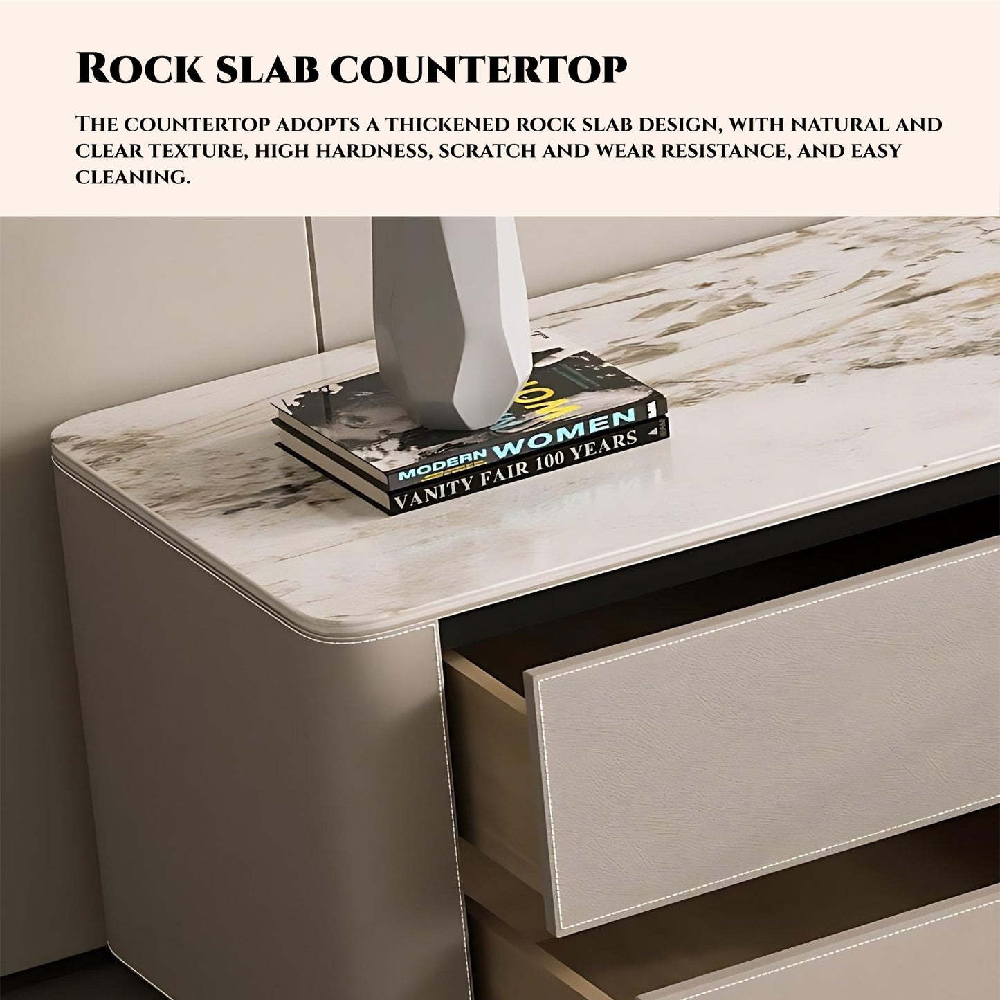 71''-94'' TV Stand with Glass Door & Rock Slab Countertop,Leather Entertainment Center