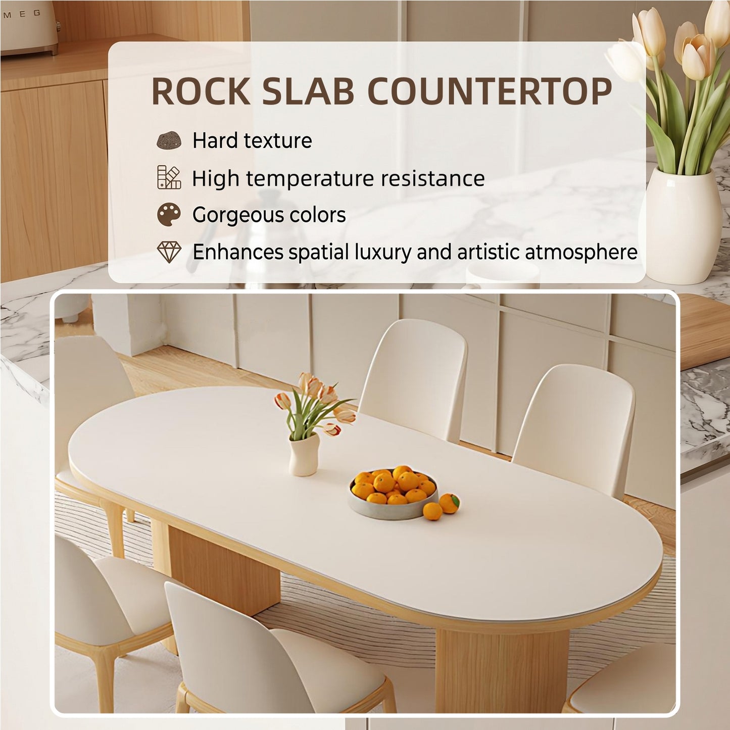55''-79''Oval Dining Table with 4 Chairs & Rock Slab Top,Solid Wood Legs for 6-8 peoples