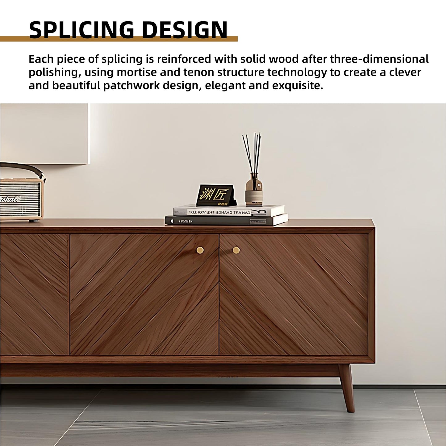71''-87'' Solid Wood TV Stand,Walnut Splicing Design,Mid Century Console Table