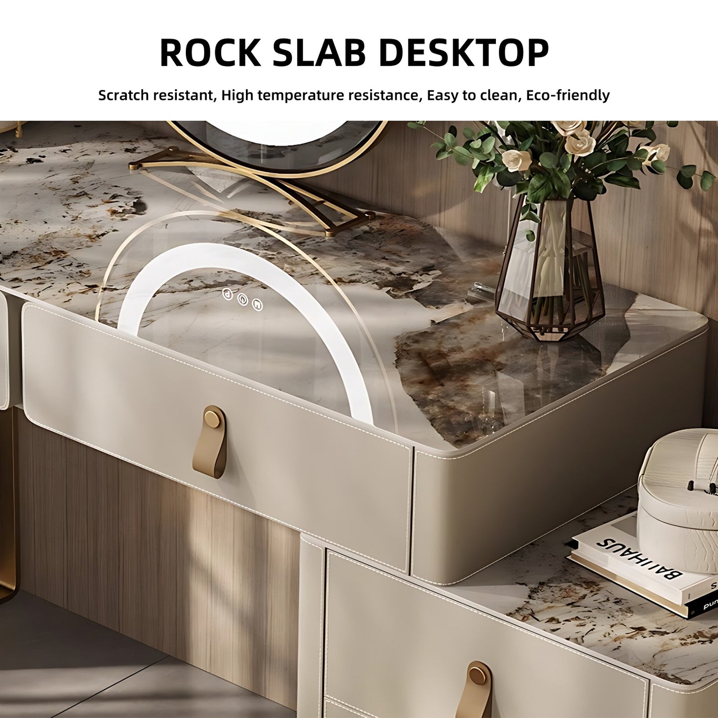 39'' Leather Makeup Vanity with Smart LED Light Mirror and Stool,Rock Slab Desktop