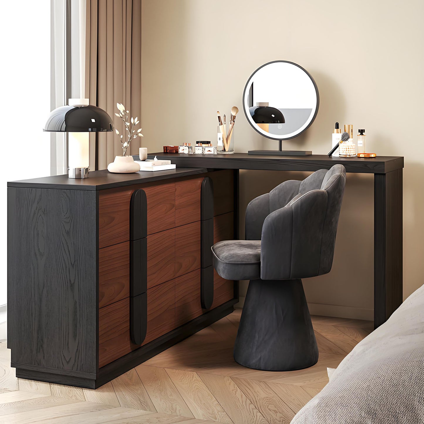 47'' Mid Century Makeup Vanity with Stool and Smart LED Lights Mirror & Walnut Veneer