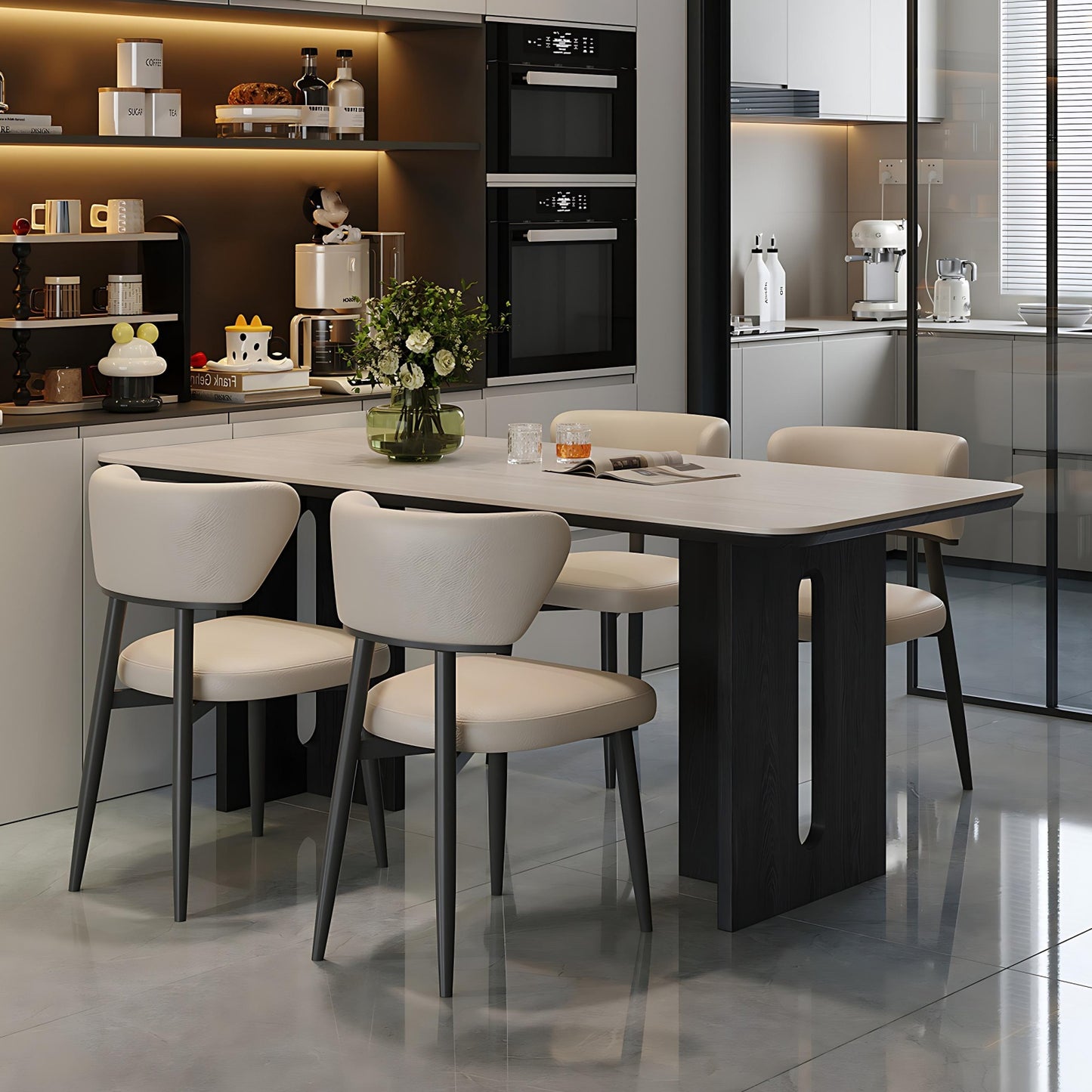 55''-71''Sintered Stone Dining Table with 4 Chairs & Ash Wood Legs for Kitchen