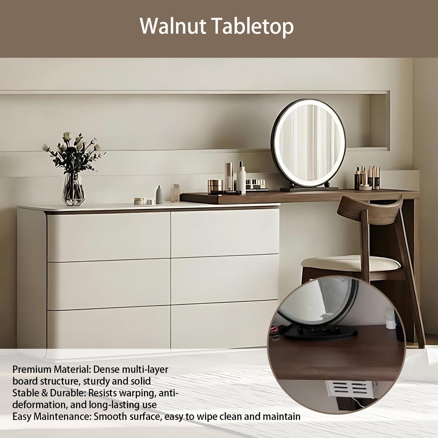 47'' Makeup Vanity with Walnut Veneer Top & Smart LED Lights Mirror and Stool,Mid Century