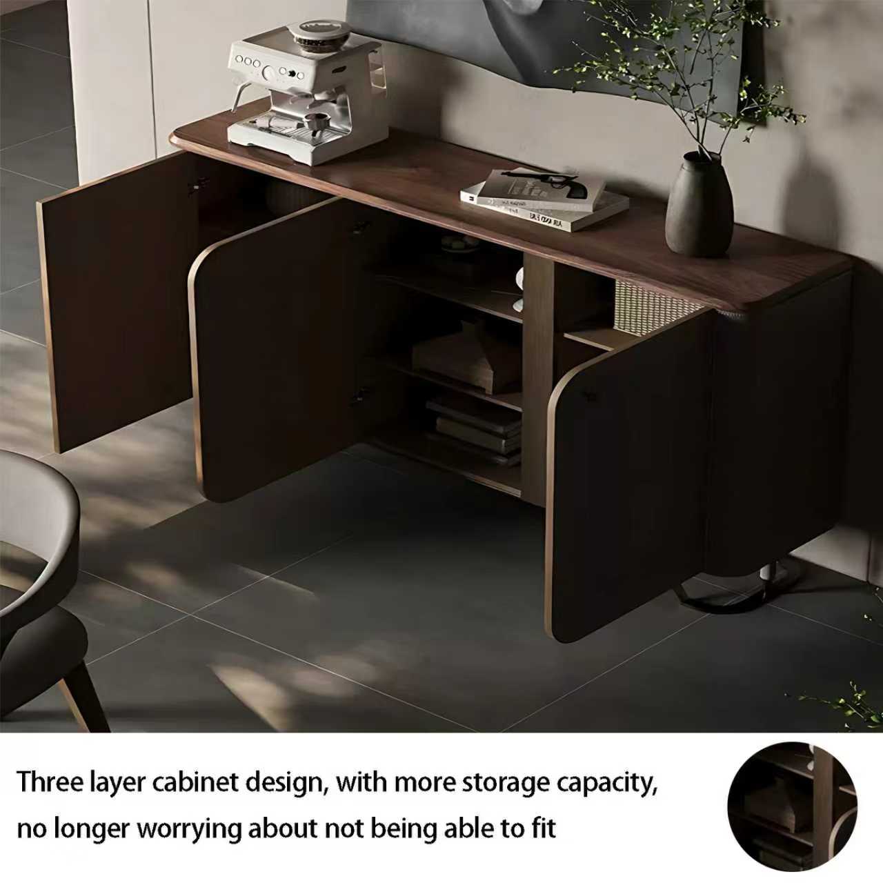 55''-71'' Mid Century Sideboard Cabinet with Walnut Veneer Top and Metal Legs