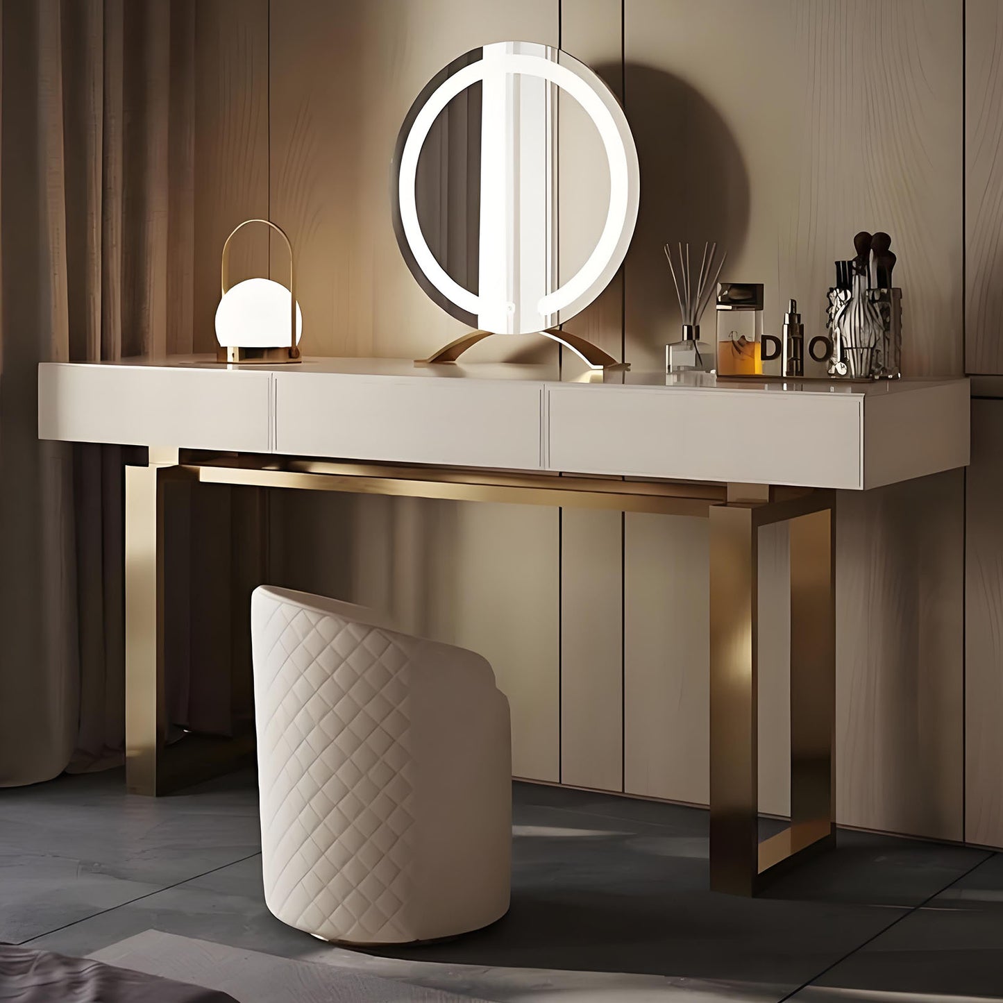 55''-71'' Leather Vanity Desk with Rock Slab Top and Smart LED Mirror & Stool,Solid Wood