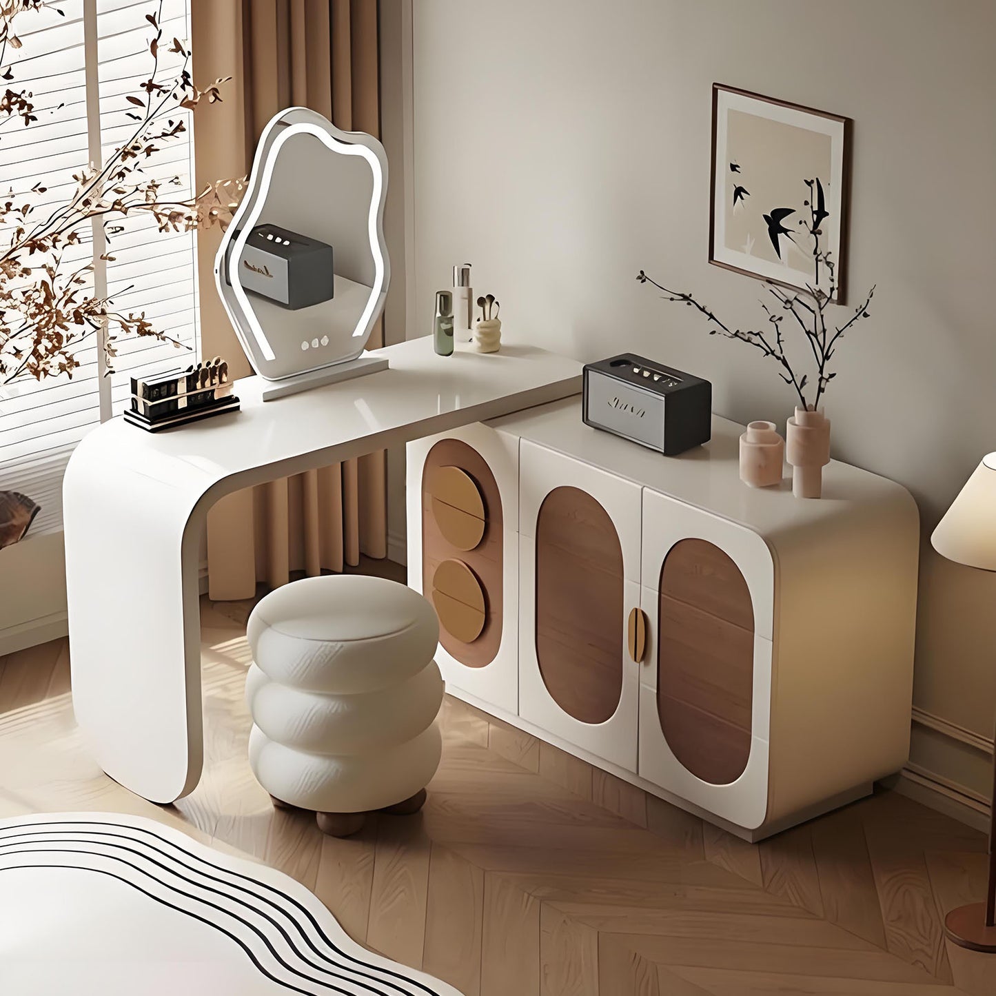 47'' Makeup Vanity with Walnut Veneer and Smart LED Light Mirror & Stool for Bedroom