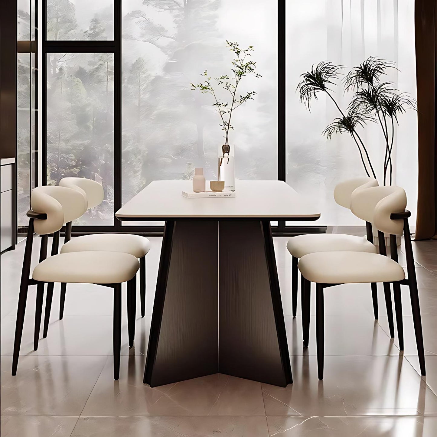 55''-71''Dining Table with 4 Chairs & Sintered Stone Top,Stainless Steel Legs