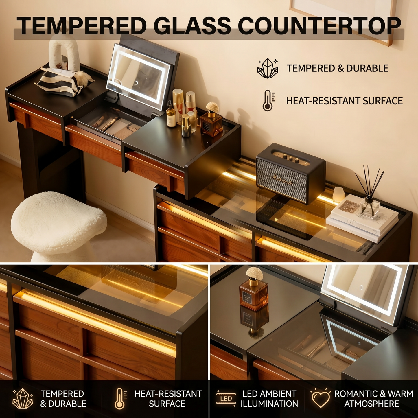 47'' Vanity Set with Mirror and Tempered Glass Top & LED Ambient Light,Stool,Mid Century