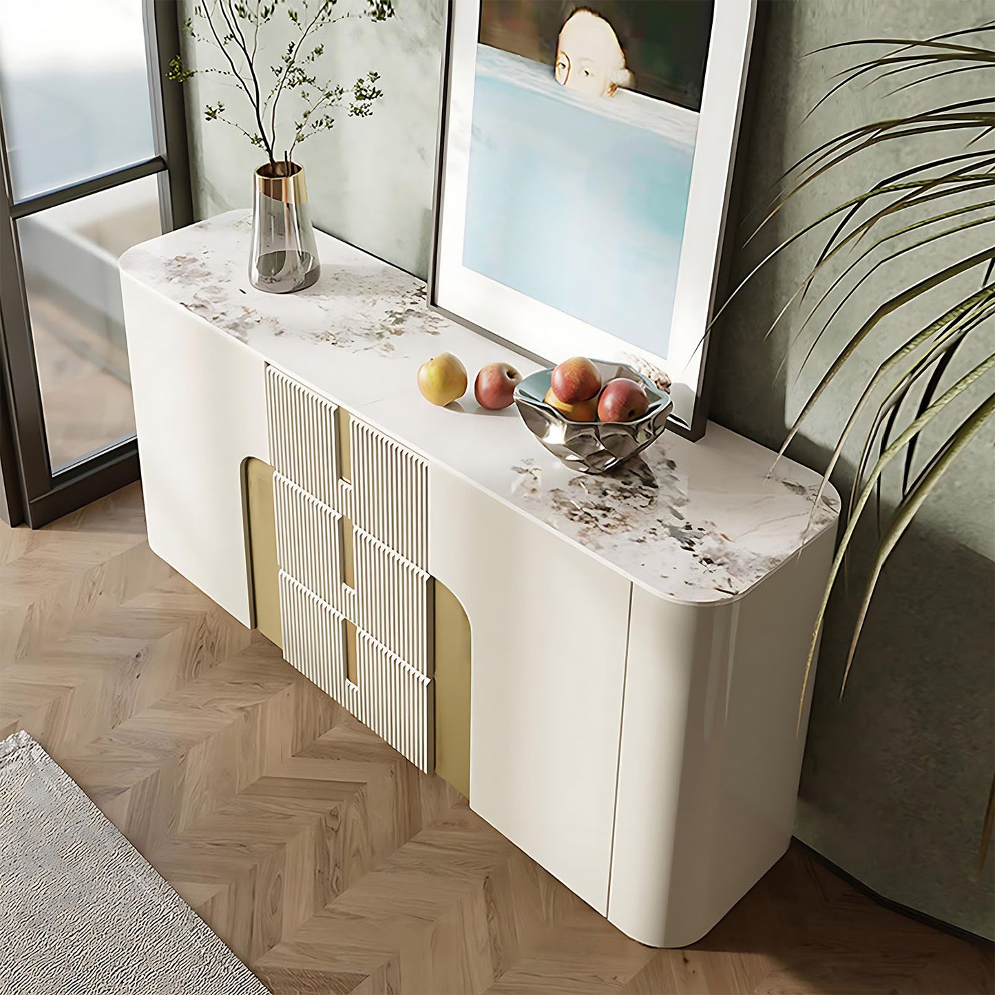47''-59'' Sideboard Buffet Cabinet with Quartz Slab Countertop,Stainless Steel