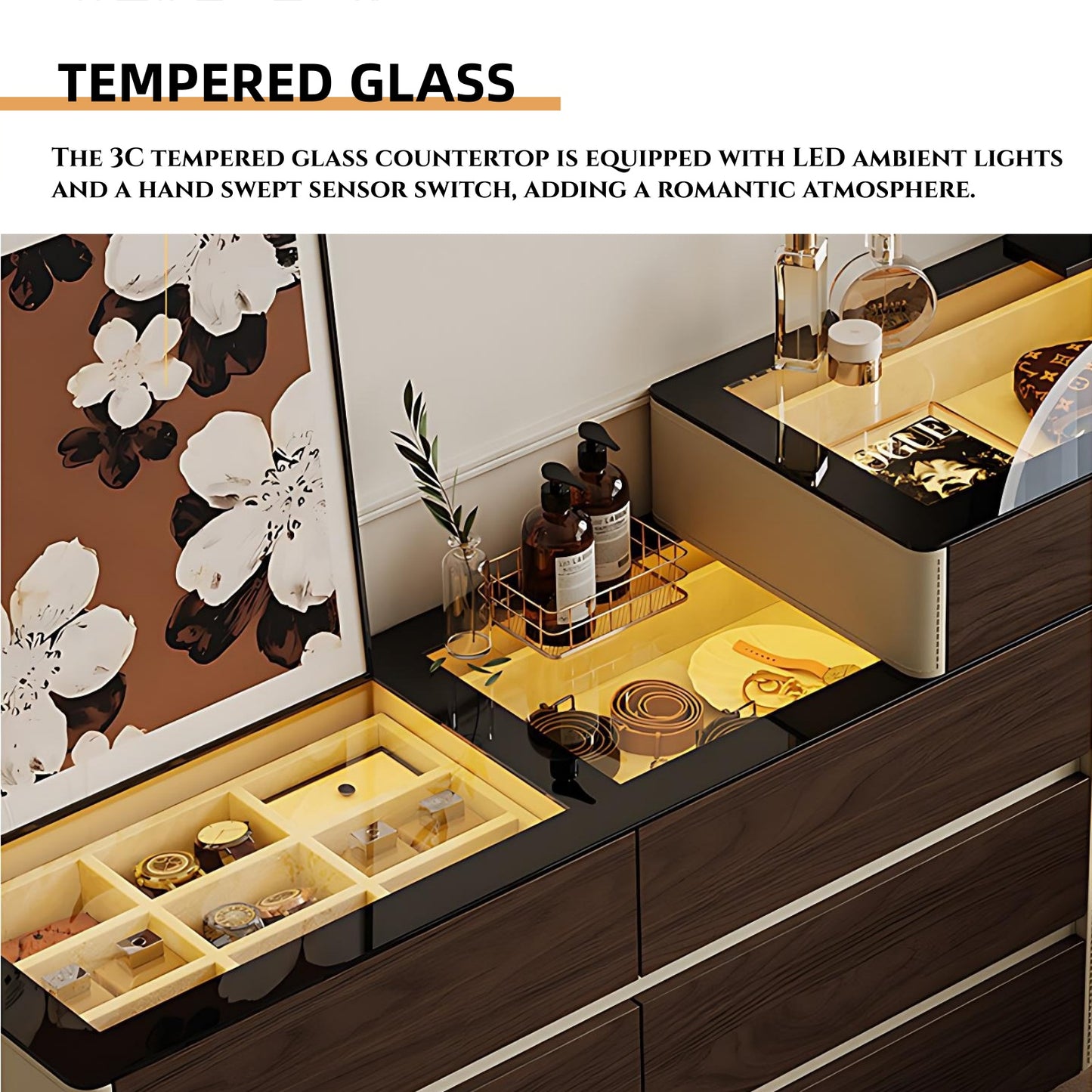 47'' Makeup Vanity with Tempered Glass Top and LED Ambient Lights,Mirror & Stool,Leather