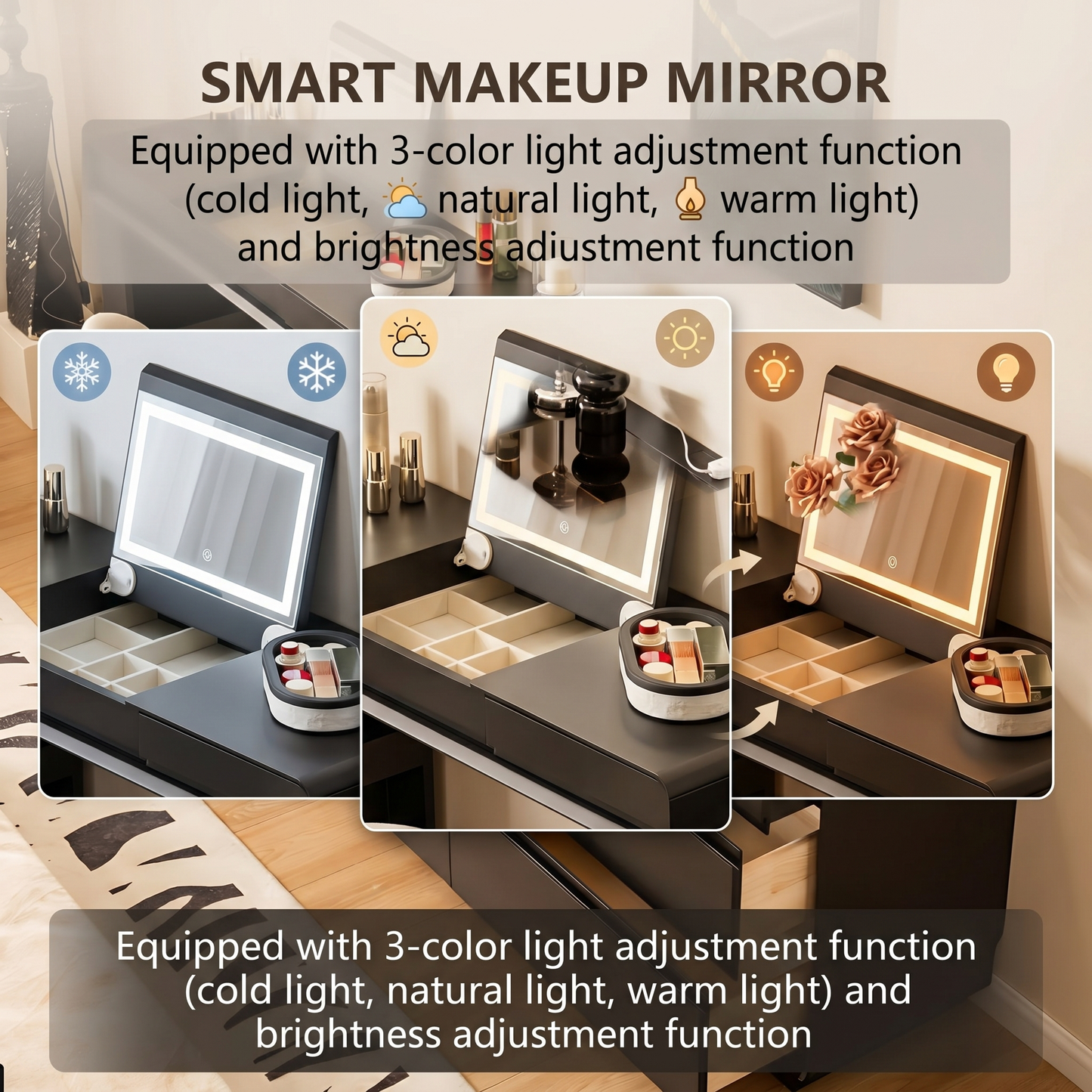 47''Vanity Set with Flip up Smart Mirror and Tempered Glass Top & LED Ambient Light,Stool