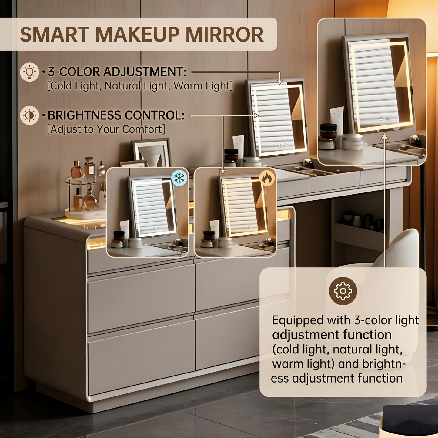 47''Vanity Set with Tempered Glass Top and LED Ambient Light,Flip up Smart Mirror & Stool