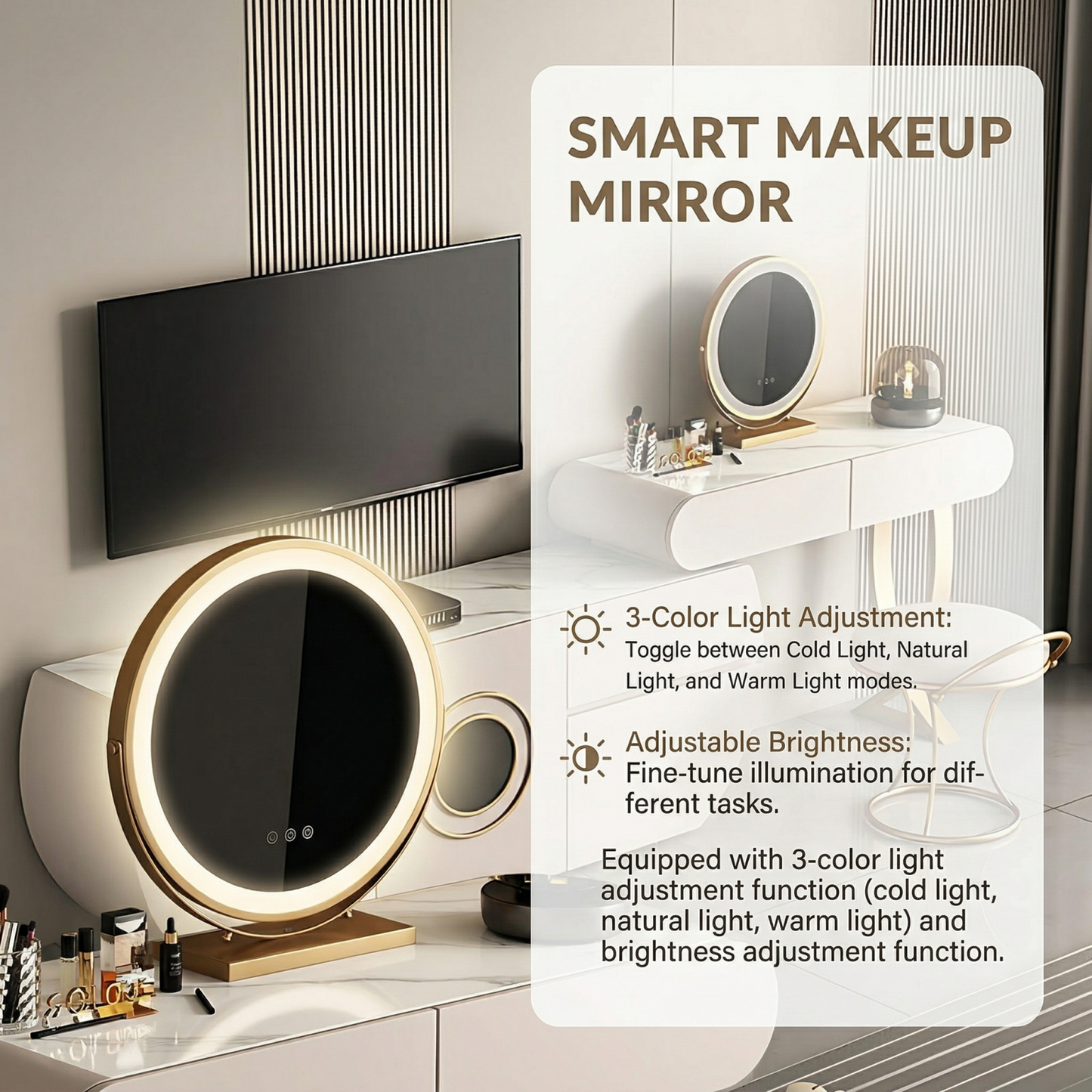 47'' & 63'' Leather Makeup Vanity with Stool and Smart LED Light Mirror,Rock Slab Top