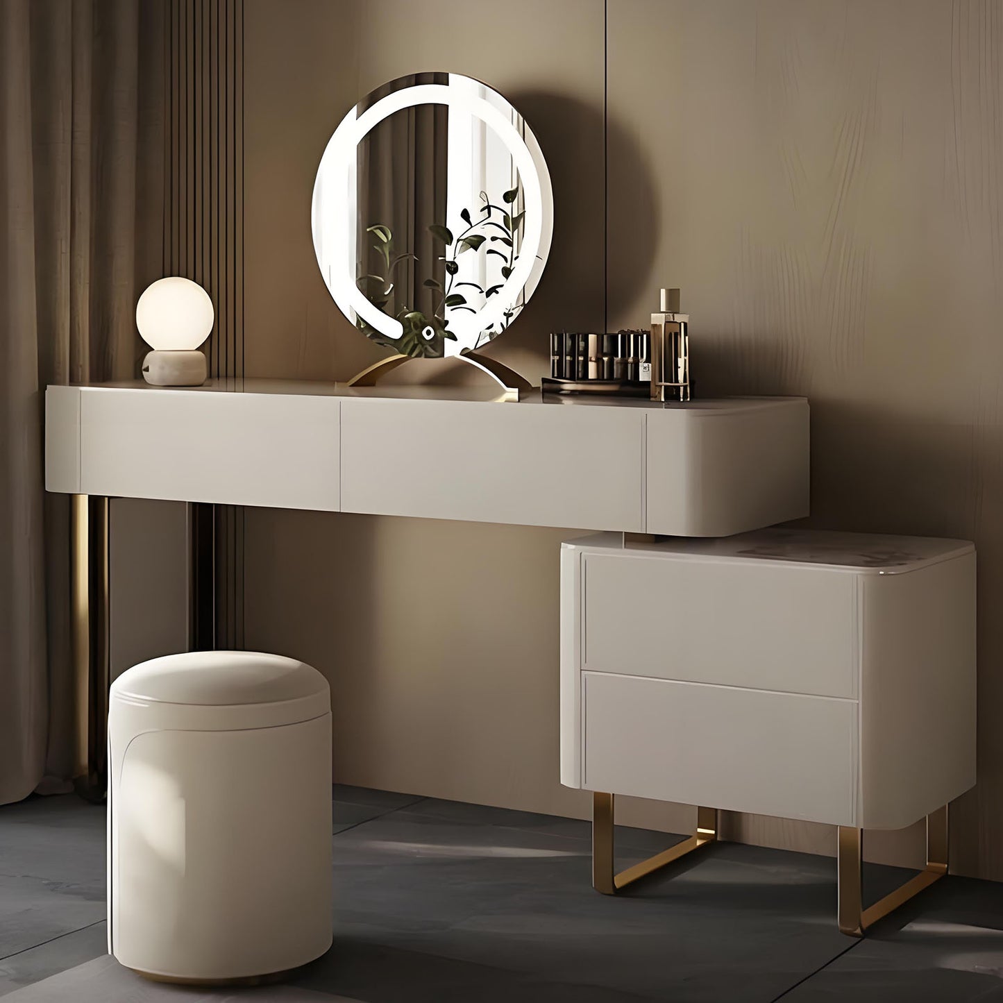 47''-63'' Makeup Vanity with Smart LED Light Mirror and Stool & Rock Slab Top,Leather