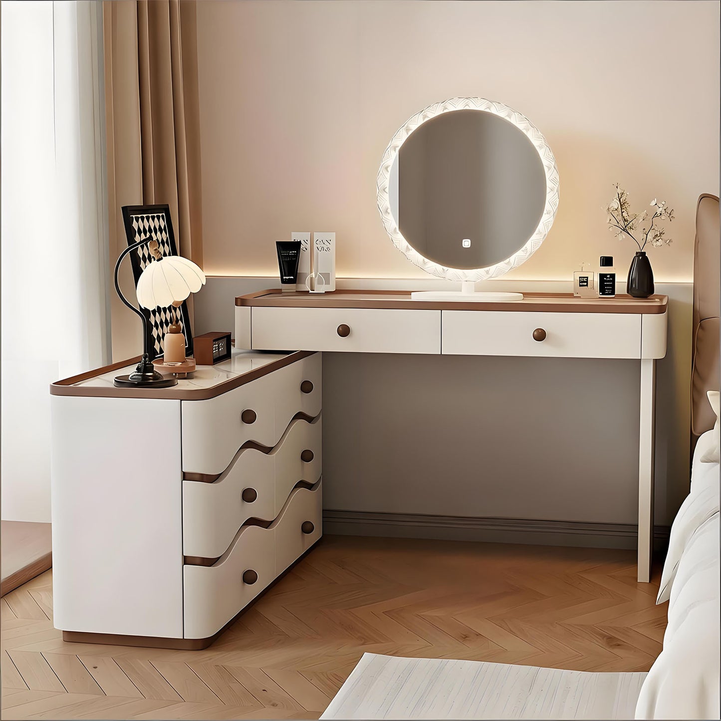 32''-47''Makeup Vanity with Wavy Design and Rock Slab Top,Smart LED Light Mirror & Stool