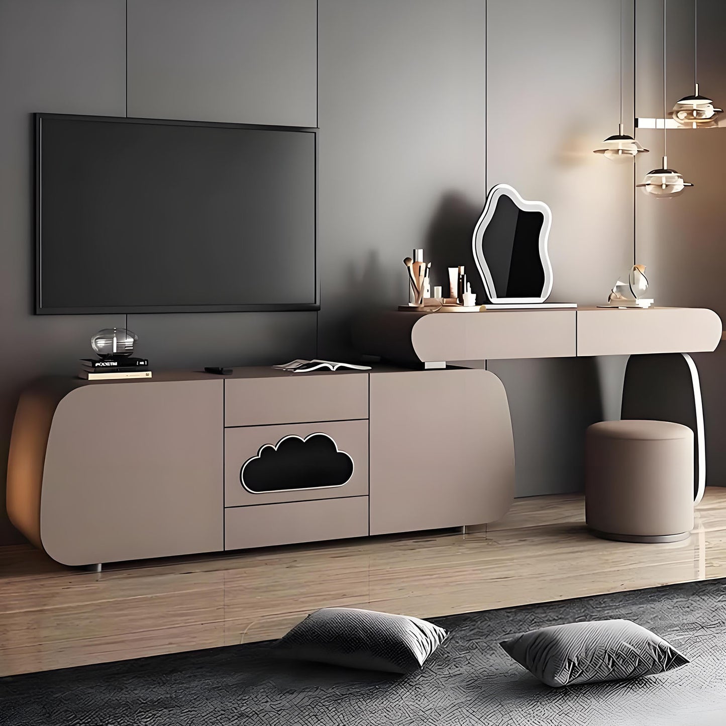 47''&63''Leather Makeup Vanity with Smart LED Light Mirror and Stool,Cloud Shaped Glass