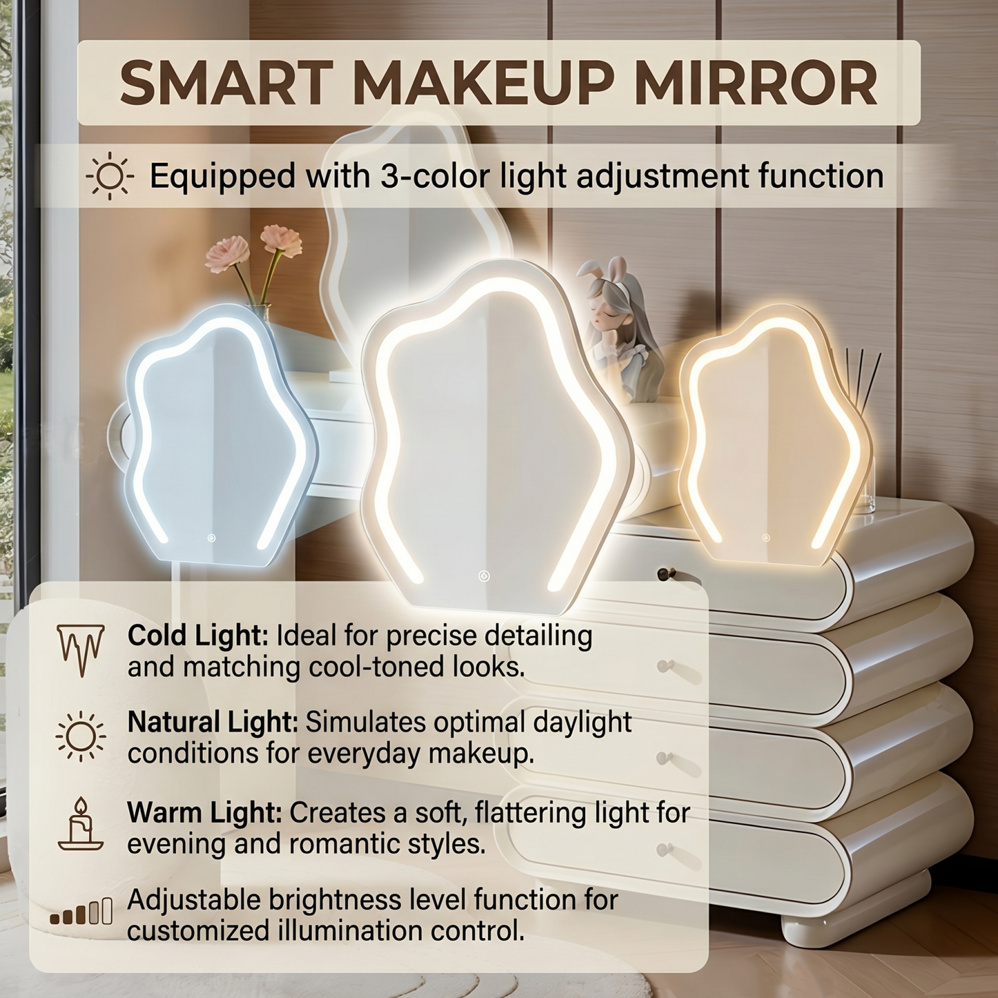 39'' Makeup Vanity with Smart LED Light Mirror and Stool,White,Baking Paint