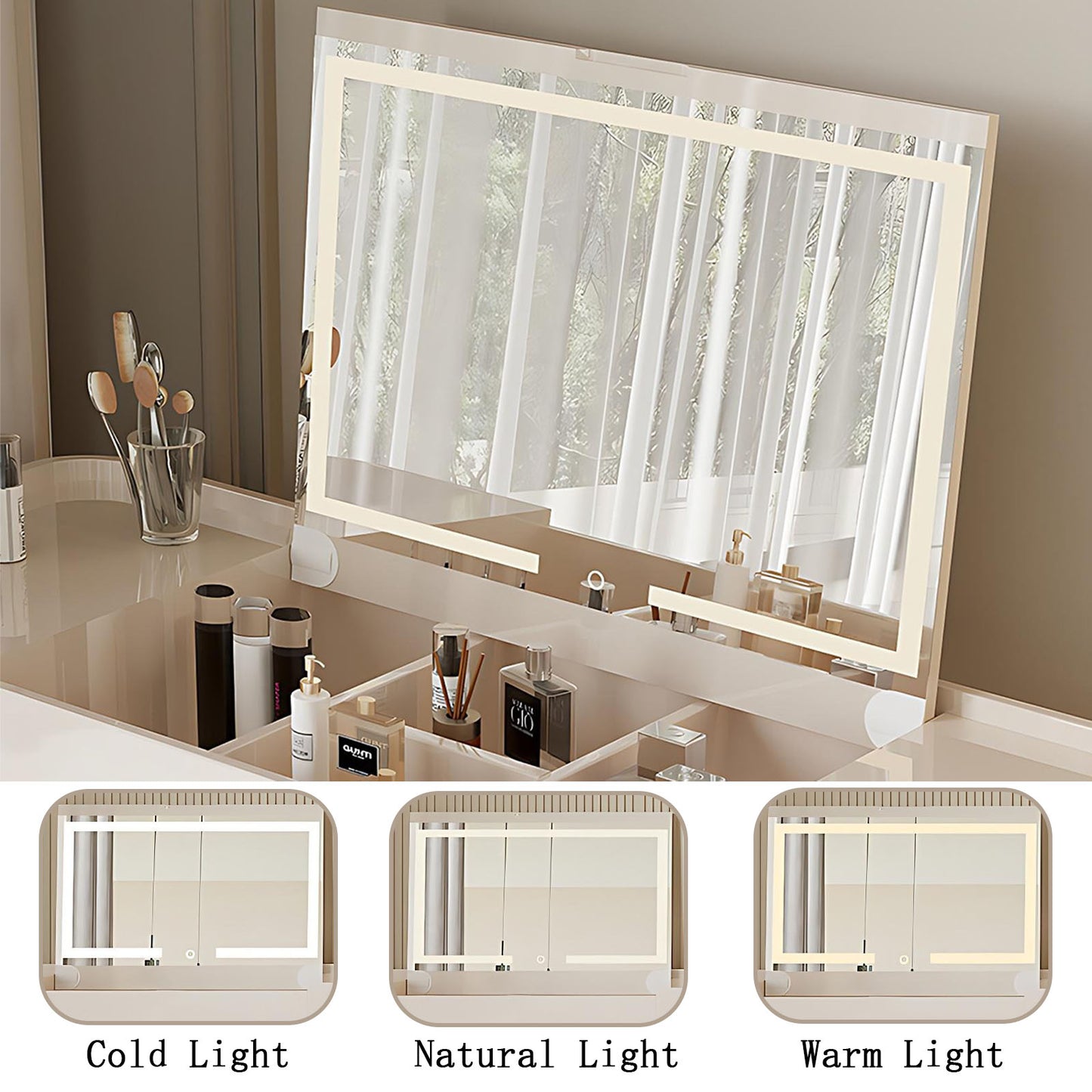 32''-47'' Vanity Desk with Flip up LED Lights Mirror and Stool,Baking Paint & Solid Wood