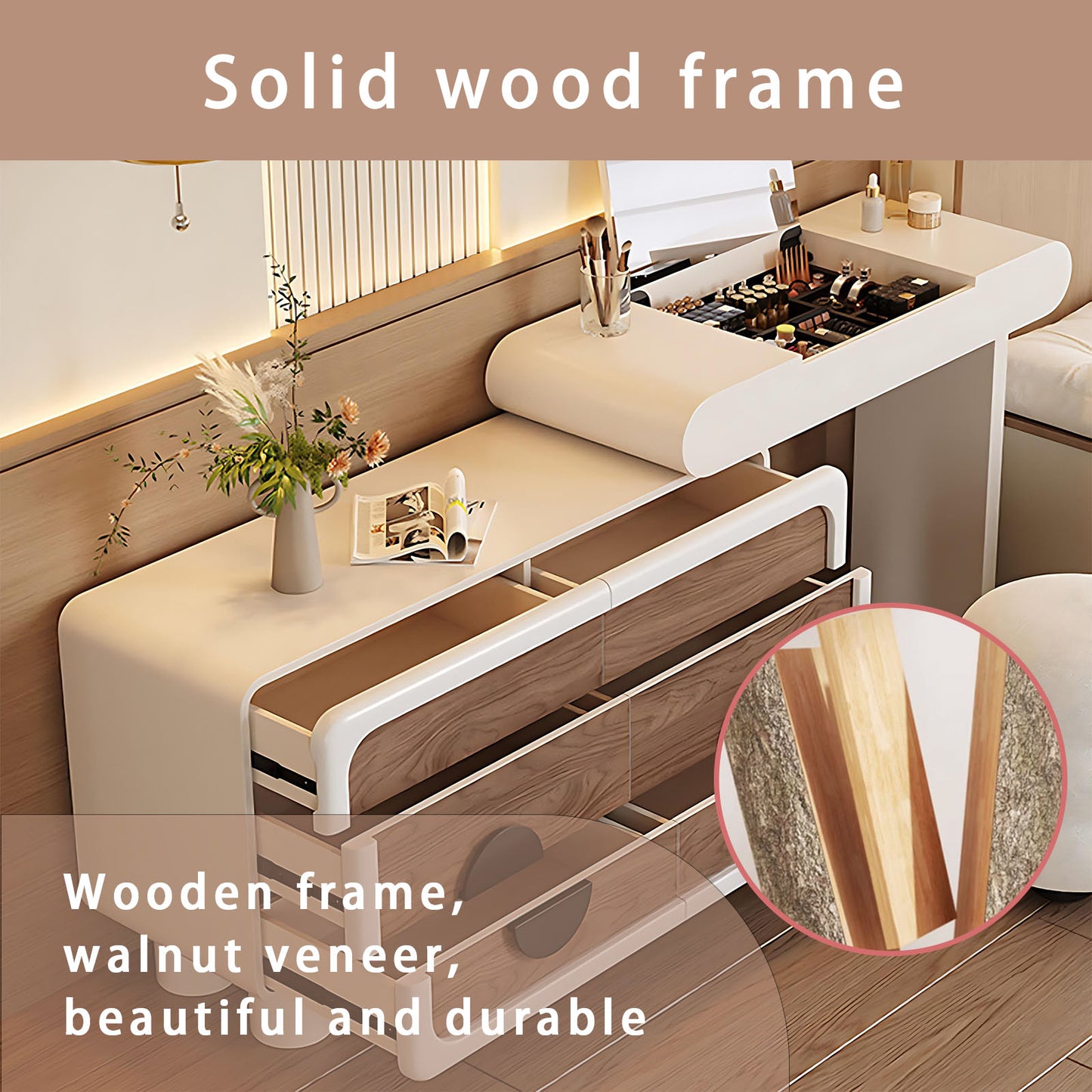 32''-47'' Makeup Vanity with Flip up Mirror and Walnut veneer & Stool for Bedroom