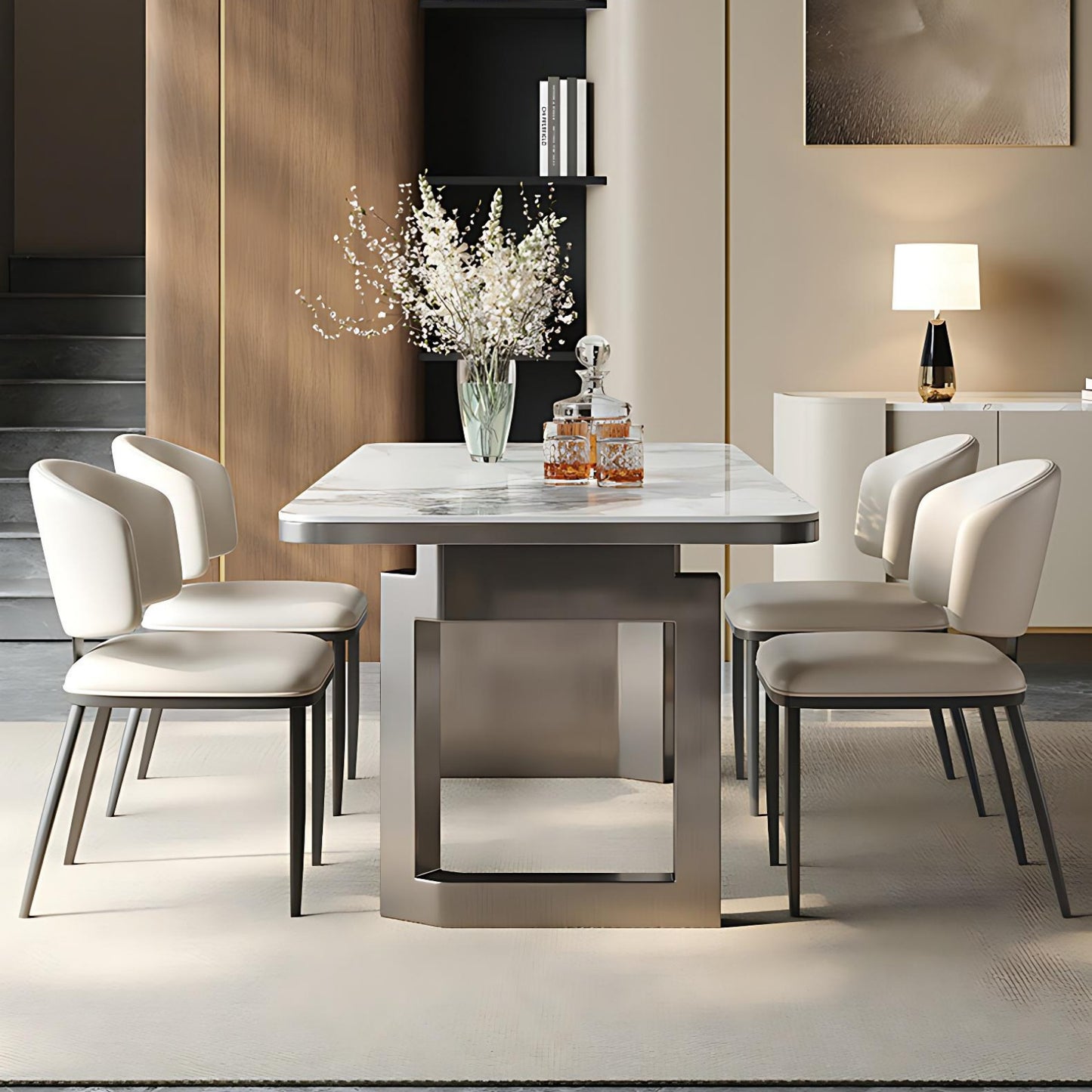 55''-71''Sintered Stone Dining Table with 4 Chairs & Stainless steel Legs for 6-8 peoples