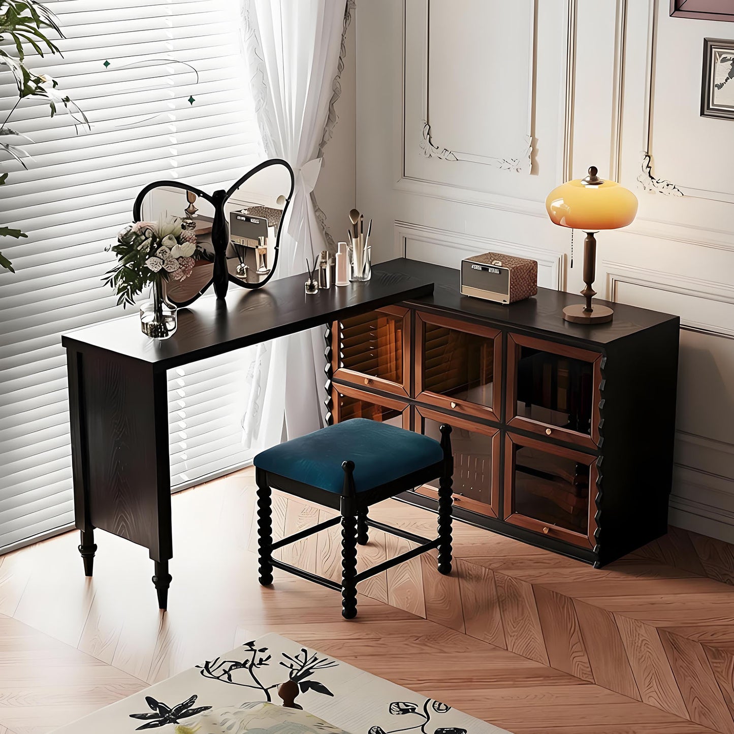 47''Vanity Set with Butterfly Mirror and Stool & 6 glass Flip up Cabinet Doors,Mid Century