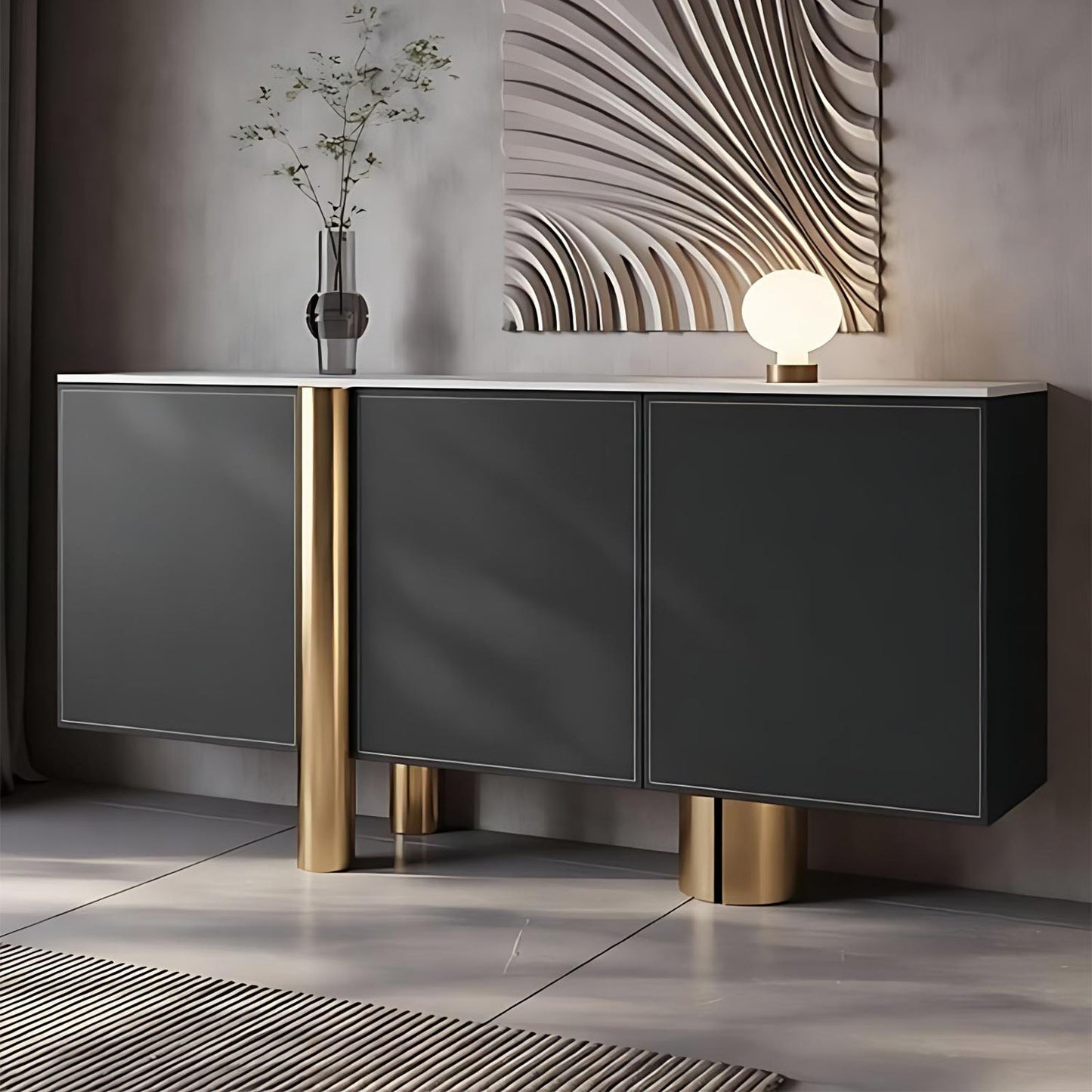 47''-71'' Leather Shoe Cabinet with Rock Slab Top and Stainless Steel Base,Solid Wood