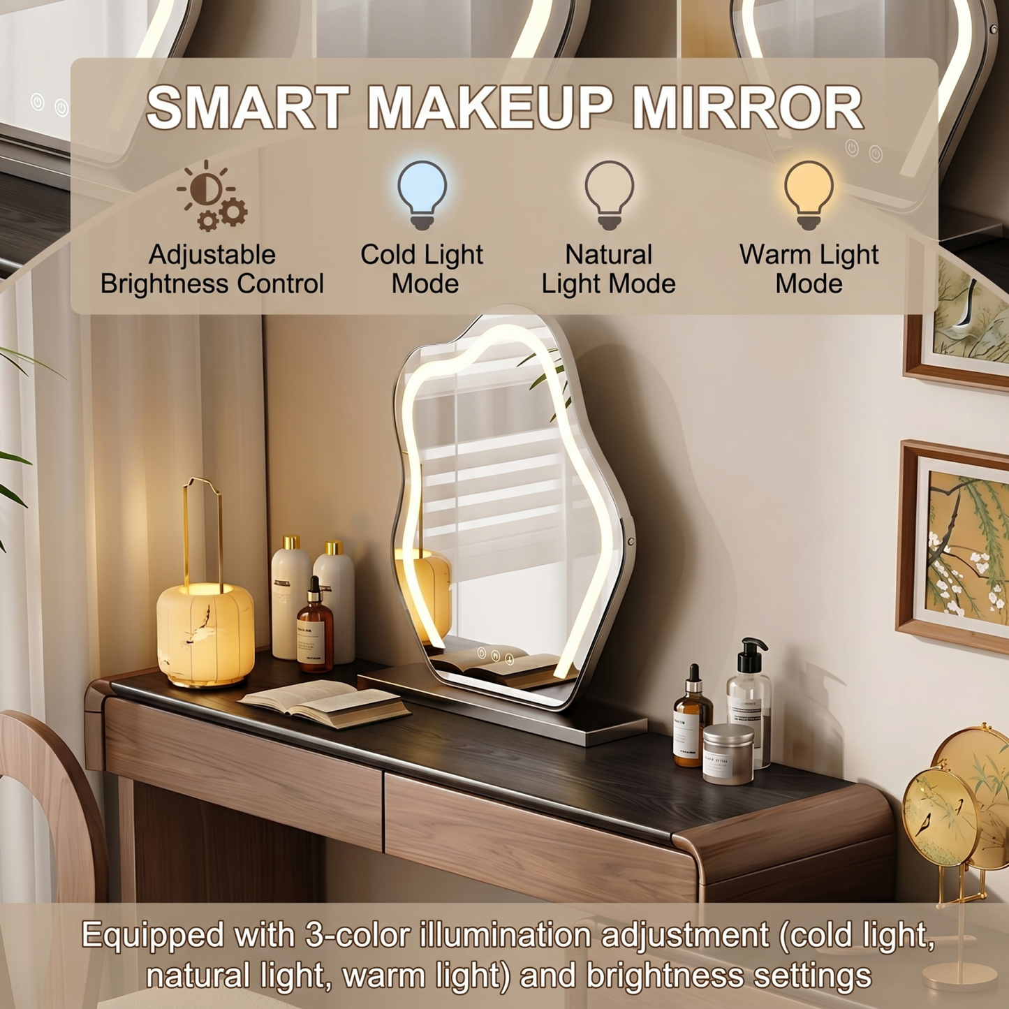 39''-47'' Makeup Vanity with Black Countertop and Smart LED Light Mirror & Stool,Walnut