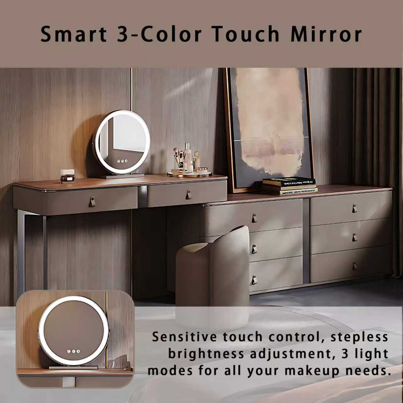 39''-47''Leather Vanity with Walnut Veneer Top and Smart LED Lights Mirror & Stool,59IN
