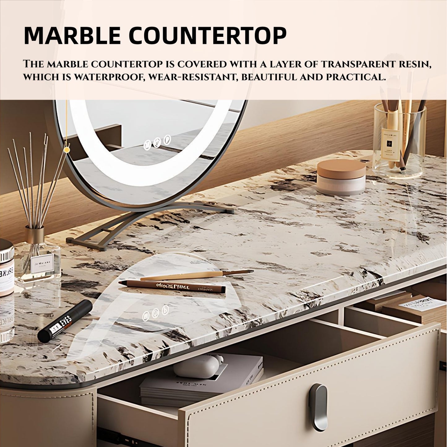 39''-47'' Leather Makeup Vanity with Marble Countertop and Stool & Smart LED Lights Mirror