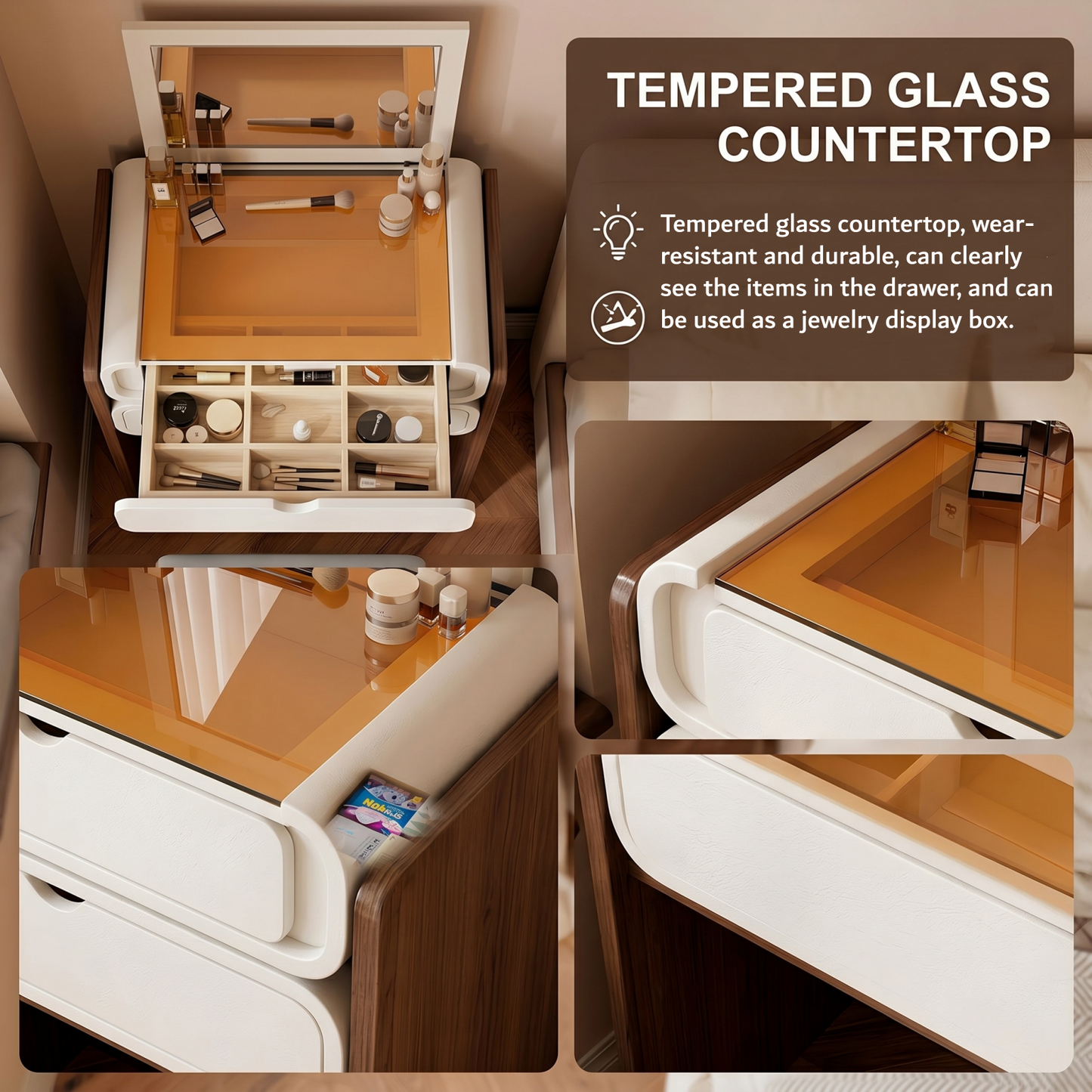 19.7'' Makeup Vanity with Flip up Mirror and Storage Stool,Glass Top & Leather Finish